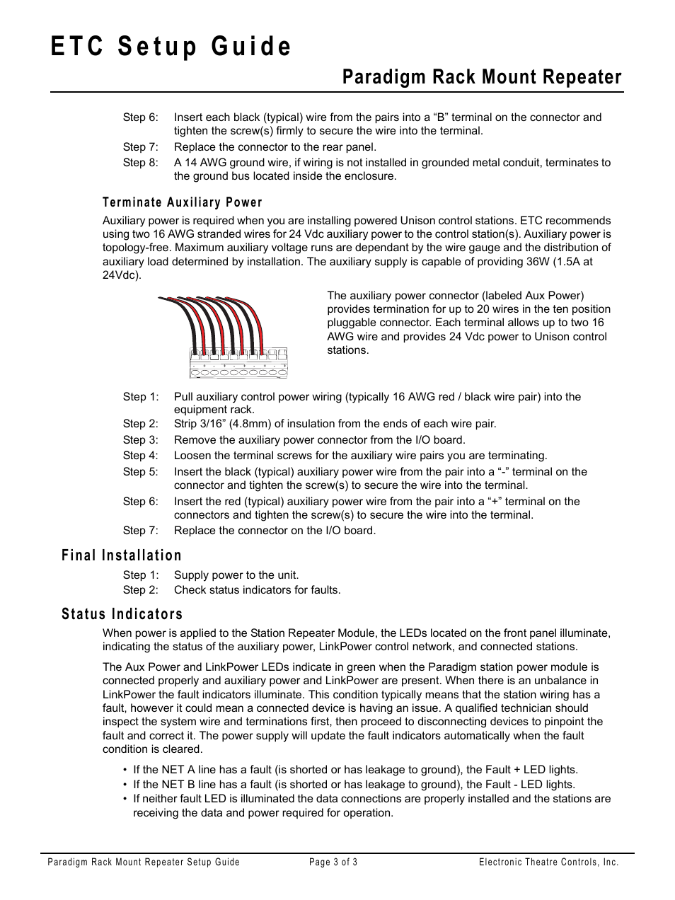 Terminate auxiliary power, Final installation, Status indicators | Paradigm rack mount repeater | ETC Unison Paradigm Repeater Rack Mount User Manual | Page 3 / 3