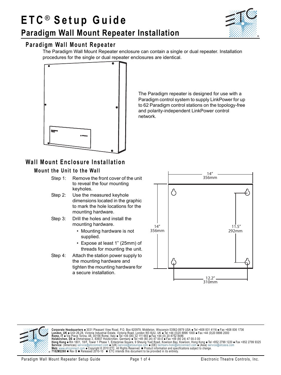 ETC Unison Paradigm Repeater Wall Mount User Manual | 4 pages