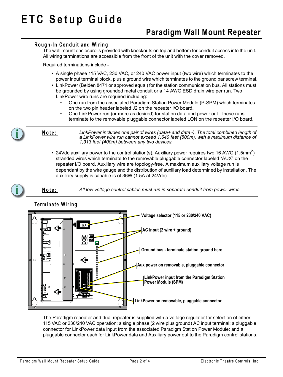 Rough-in conduit and wiring, Terminate wiring, Paradigm wall mount repeater | ETC Unison Paradigm Repeater Wall Mount User Manual | Page 2 / 4