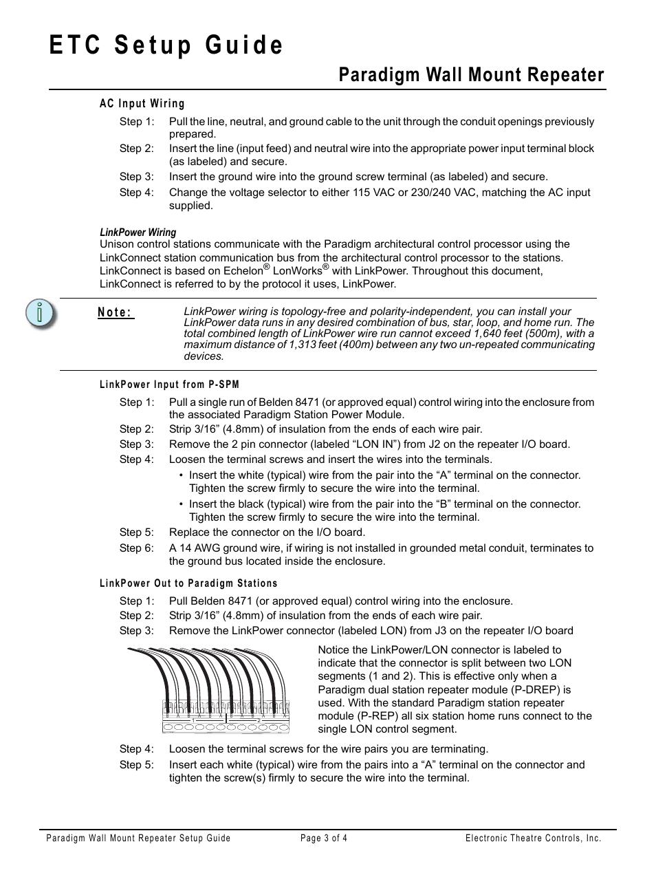 Ac input wiring, Linkpower input from p-spm, Linkpower out to paradigm stations | Paradigm wall mount repeater, N o t e | ETC Unison Paradigm Repeater Wall Mount User Manual | Page 3 / 4