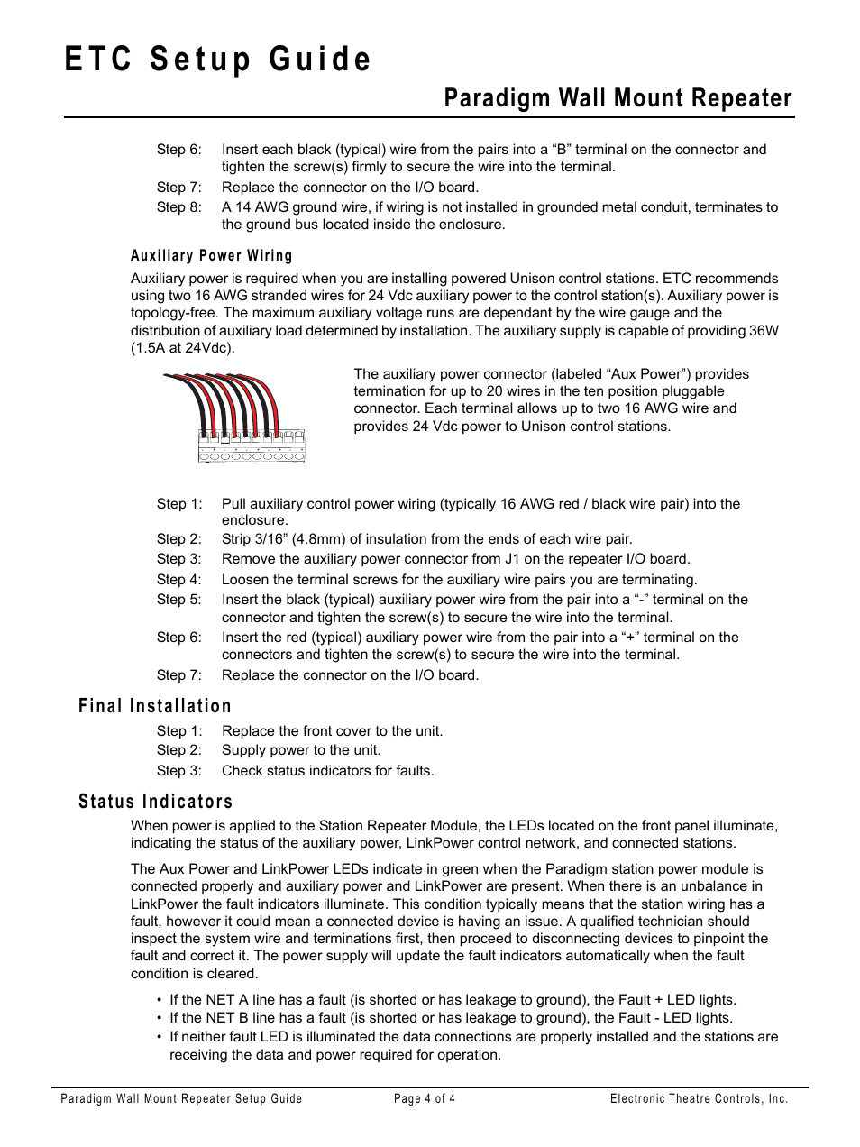 Auxiliary power wiring, Final installation, Status indicators | Paradigm wall mount repeater | ETC Unison Paradigm Repeater Wall Mount User Manual | Page 4 / 4