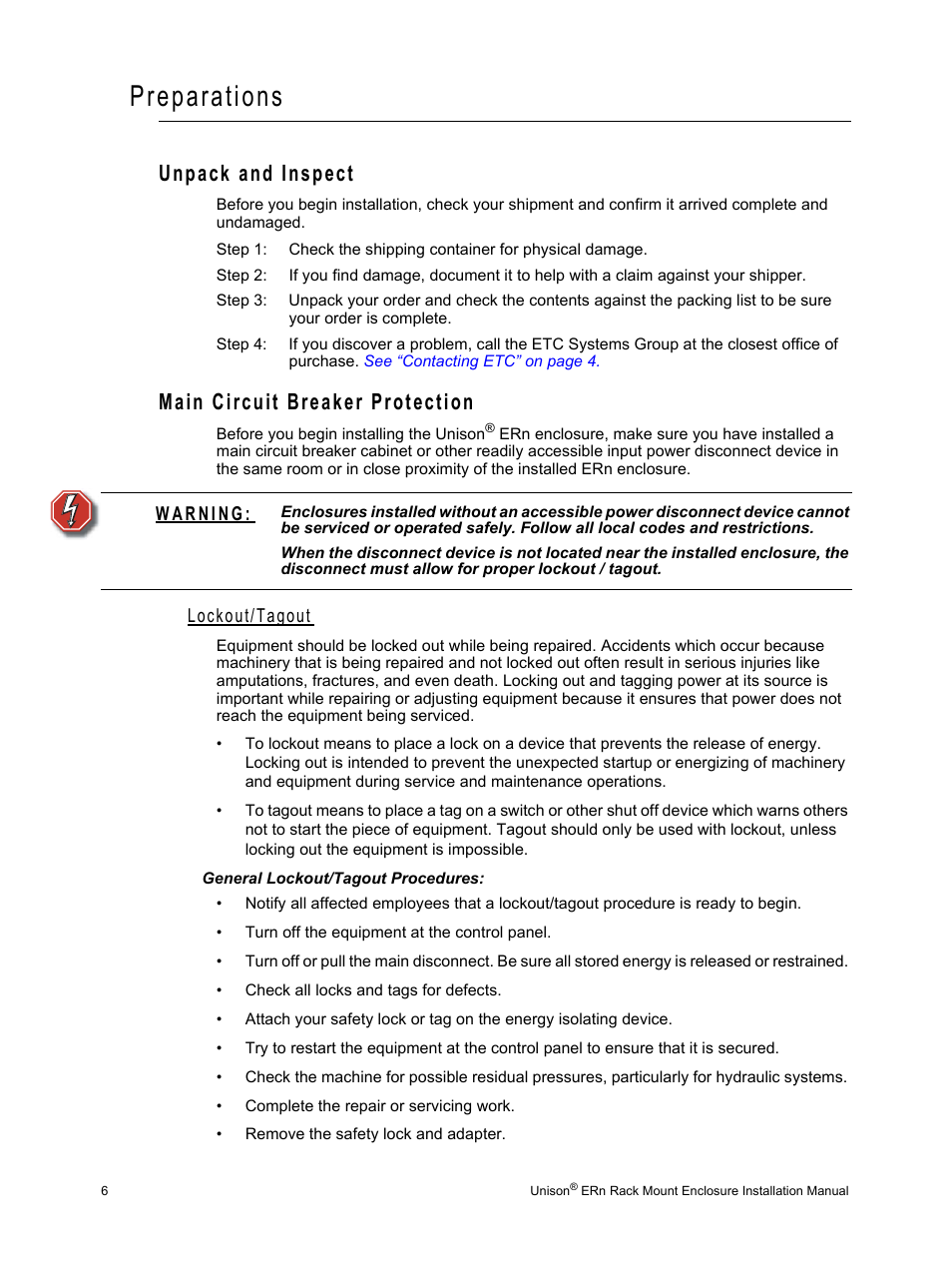 Preparations, Unpack and inspect, Main circuit breaker protection | Lockout/tagout, General lockout/tagout procedures, Unpack and inspect main circuit breaker protection | ETC Unison ERn Rack-mount Control Enclosure User Manual | Page 10 / 36