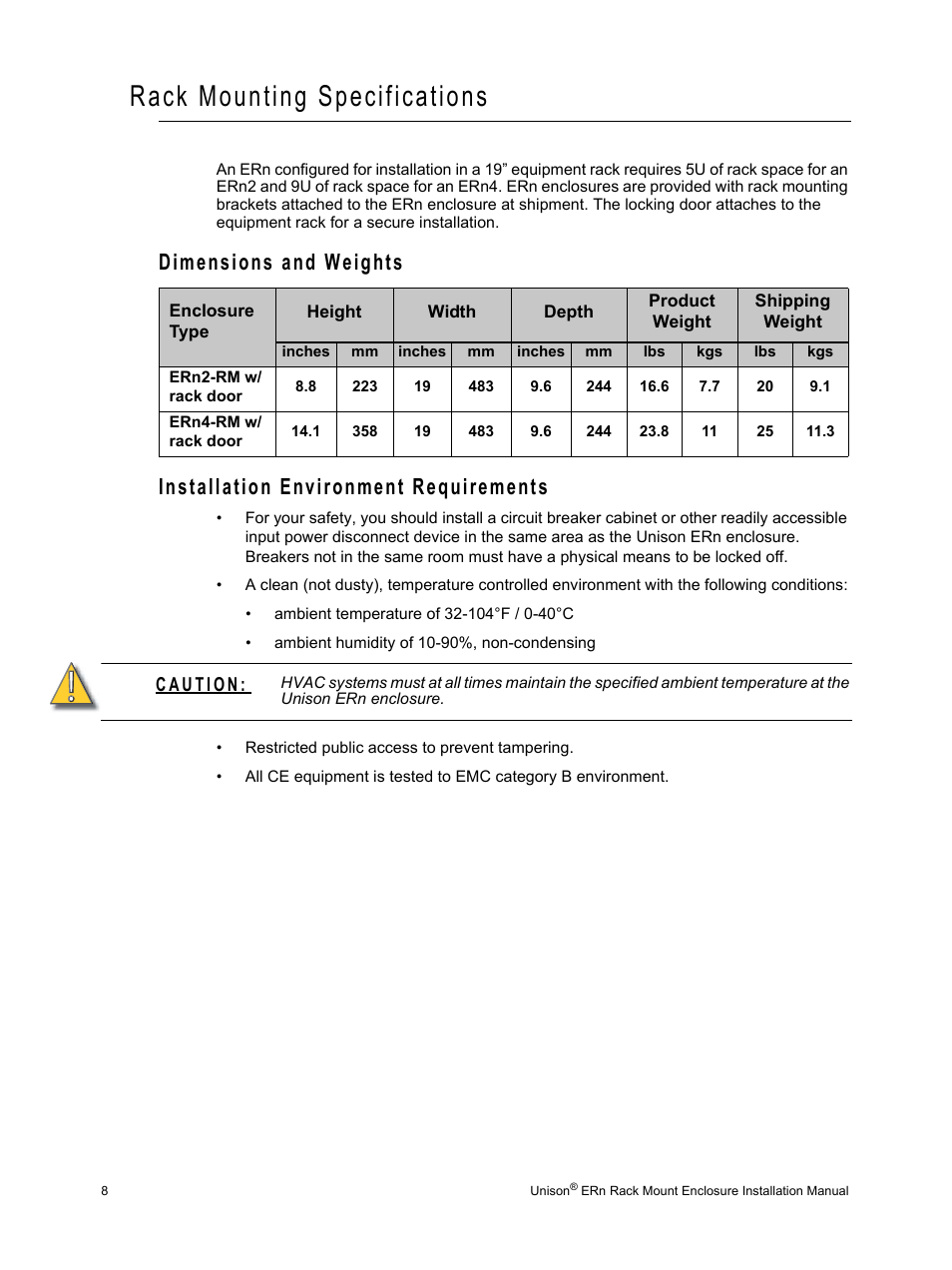 Rack mounting specifications, Dimensions and weights, Installation environment requirements | ETC Unison ERn Rack-mount Control Enclosure User Manual | Page 12 / 36