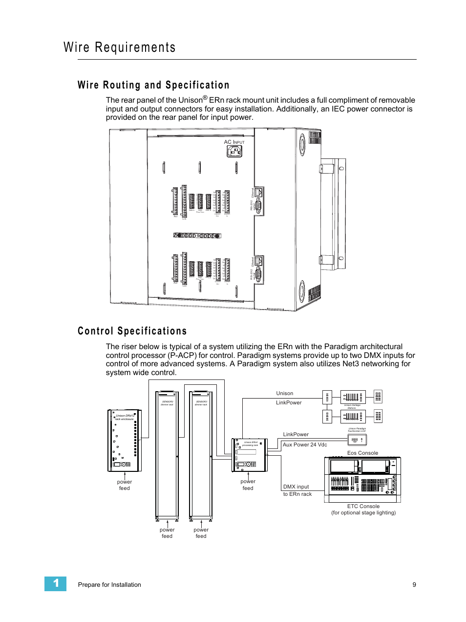Wire requirements, Wire routing and specification, Control specifications | The rear panel of the unison, Prepare for installation 9 | ETC Unison ERn Rack-mount Control Enclosure User Manual | Page 13 / 36