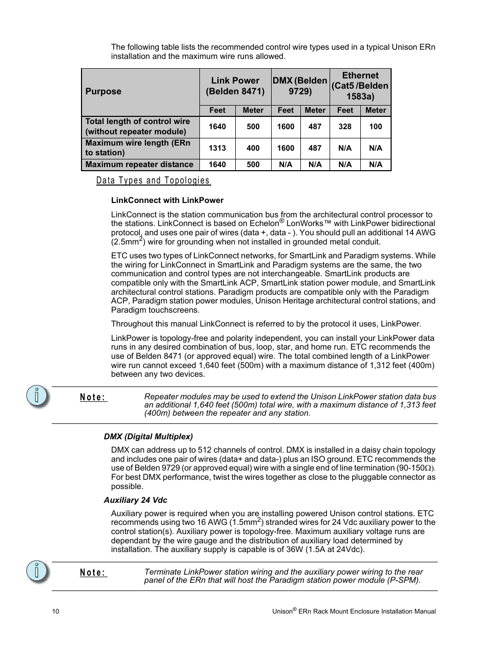 Data types and topologies, Dmx (digital multiplex), Auxiliary 24 vdc | Dmx (digital multiplex) auxiliary 24 vdc, N o t e | ETC Unison ERn Rack-mount Control Enclosure User Manual | Page 14 / 36