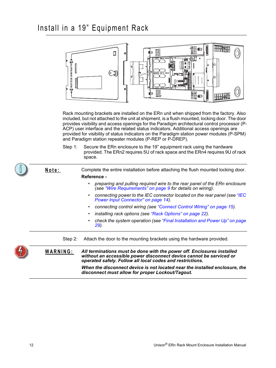 Install in a 19” equipment rack, N o t e | ETC Unison ERn Rack-mount Control Enclosure User Manual | Page 16 / 36