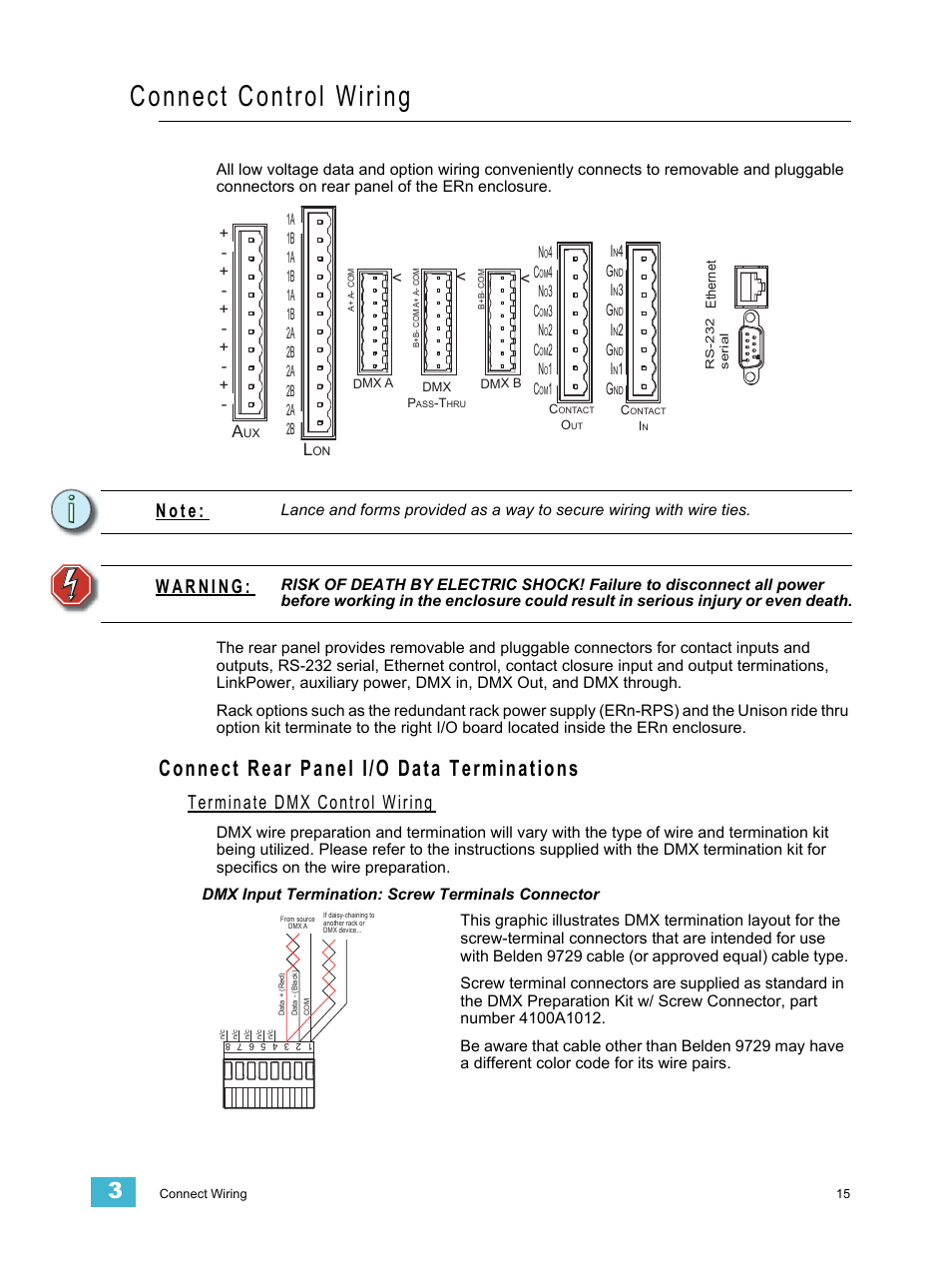 Connect control wiring, Connect rear panel i/o data terminations, Terminate dmx control wiring | Dmx input termination: screw terminals connector, N o t e | ETC Unison ERn Rack-mount Control Enclosure User Manual | Page 19 / 36