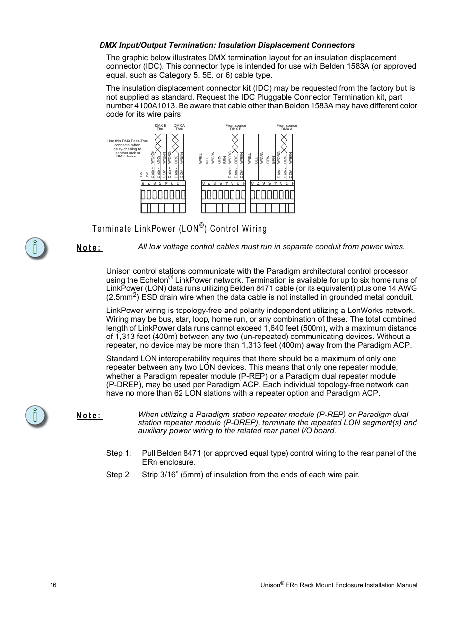 Terminate linkpower (lon®) control wiring, Terminate linkpower (lon, Control wiring | N o t e | ETC Unison ERn Rack-mount Control Enclosure User Manual | Page 20 / 36