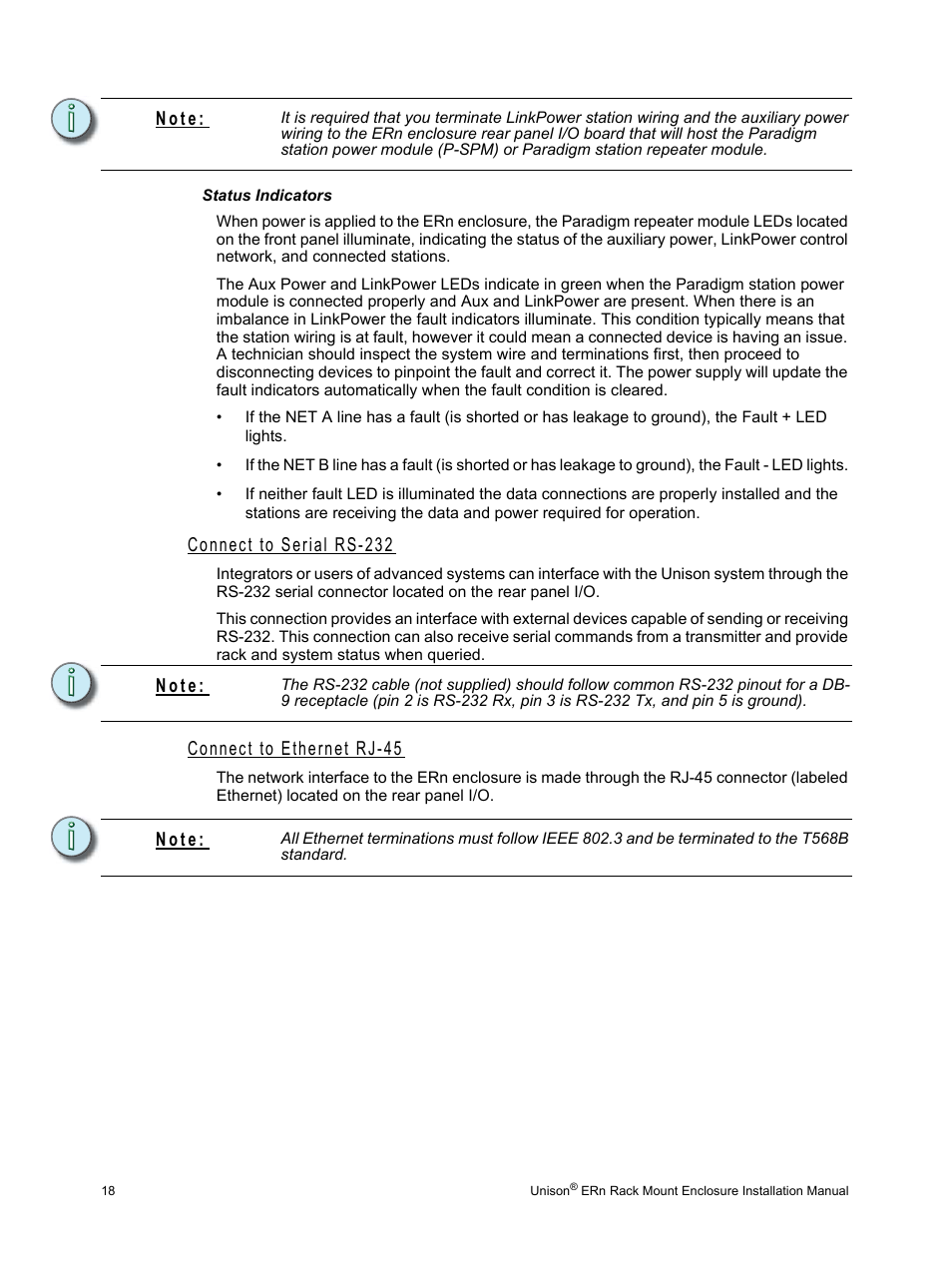Status indicators, Connect to serial rs-232, Connect to ethernet rj-45 | Connect to serial rs-232 connect to ethernet rj-45, N o t e | ETC Unison ERn Rack-mount Control Enclosure User Manual | Page 22 / 36
