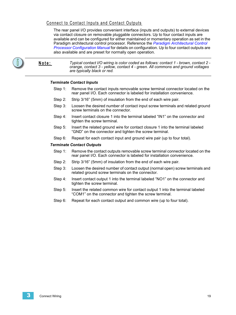 Connect to contact inputs and contact outputs, Terminate contact inputs, Terminate contact outputs | N o t e | ETC Unison ERn Rack-mount Control Enclosure User Manual | Page 23 / 36