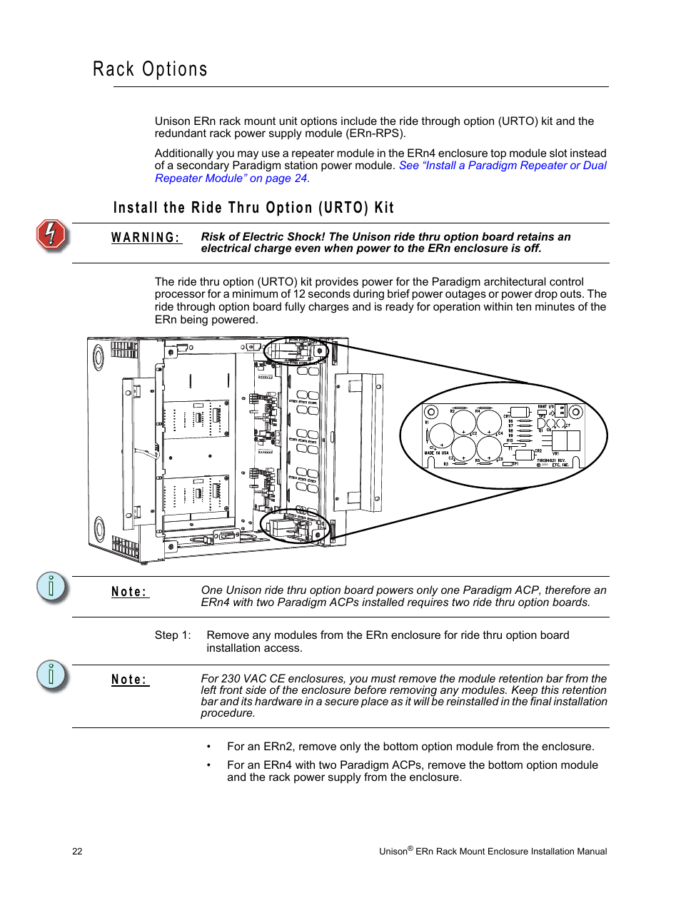 Rack options, Install the ride thru option (urto) kit, N o t e | ETC Unison ERn Rack-mount Control Enclosure User Manual | Page 26 / 36