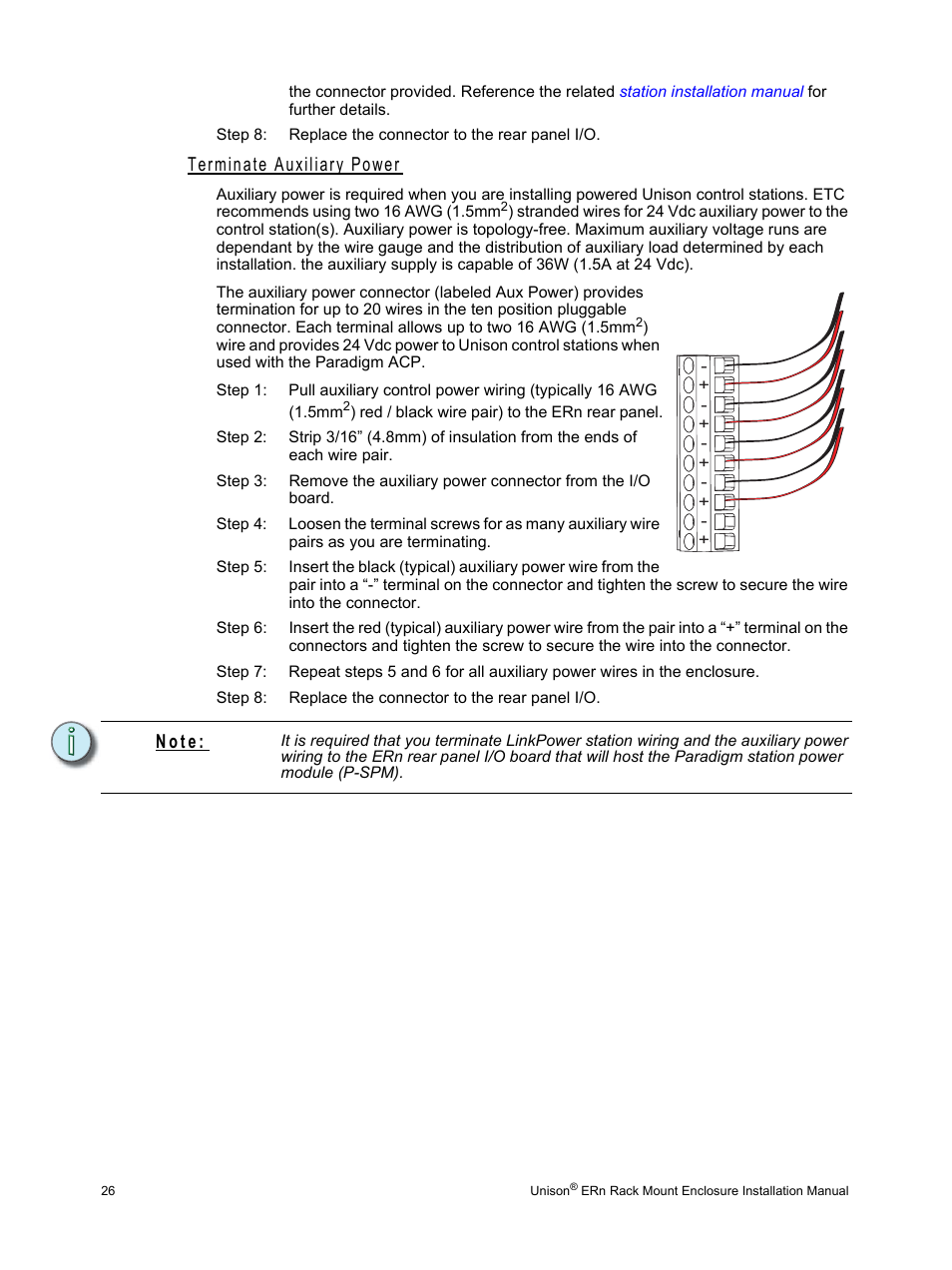 Terminate auxiliary power, N o t e | ETC Unison ERn Rack-mount Control Enclosure User Manual | Page 30 / 36