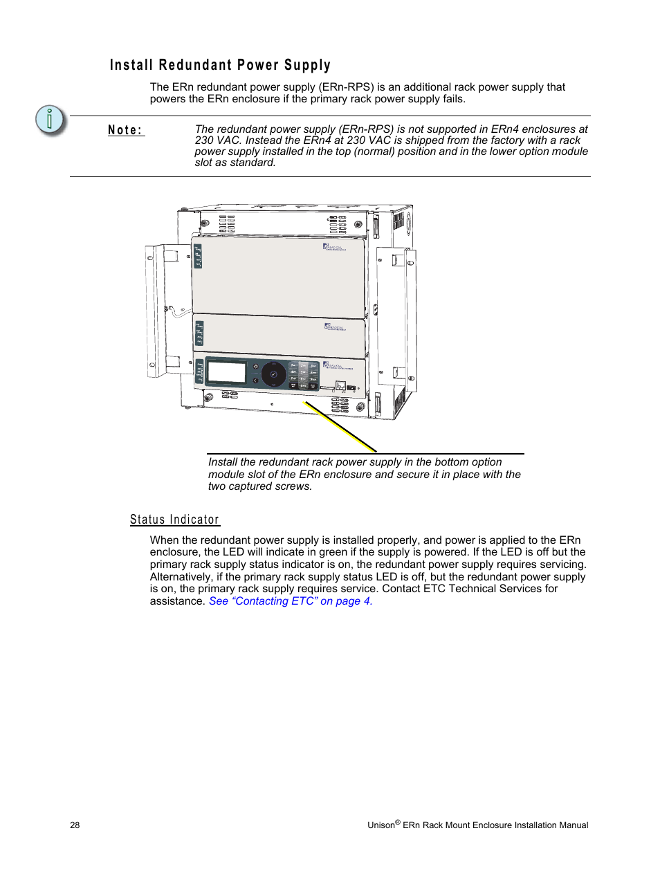 Install redundant power supply, Status indicator, N o t e | ETC Unison ERn Rack-mount Control Enclosure User Manual | Page 32 / 36