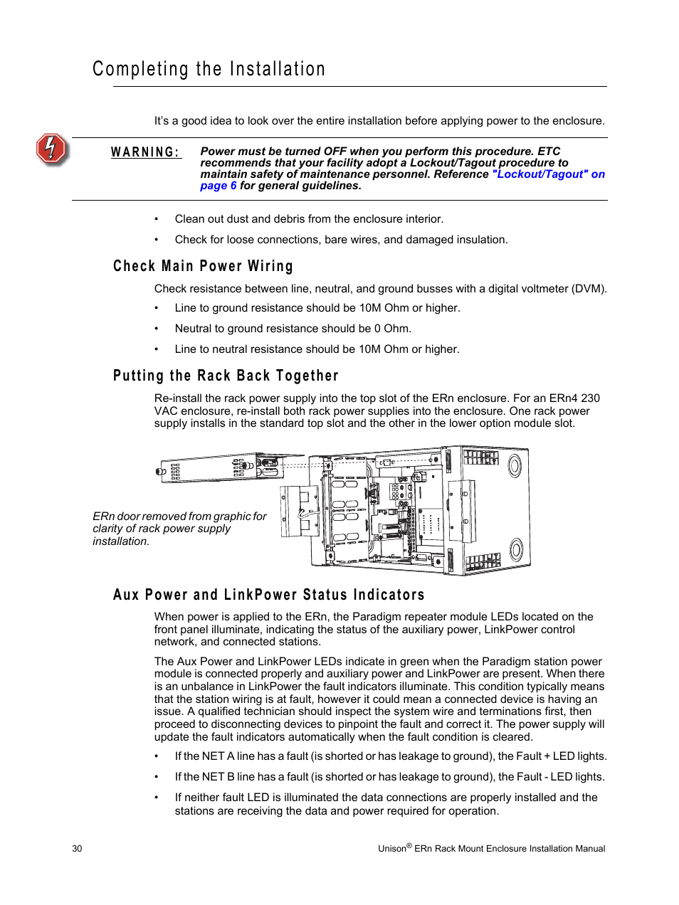 Completing the installation, Check main power wiring, Putting the rack back together | Aux power and linkpower status indicators | ETC Unison ERn Rack-mount Control Enclosure User Manual | Page 34 / 36