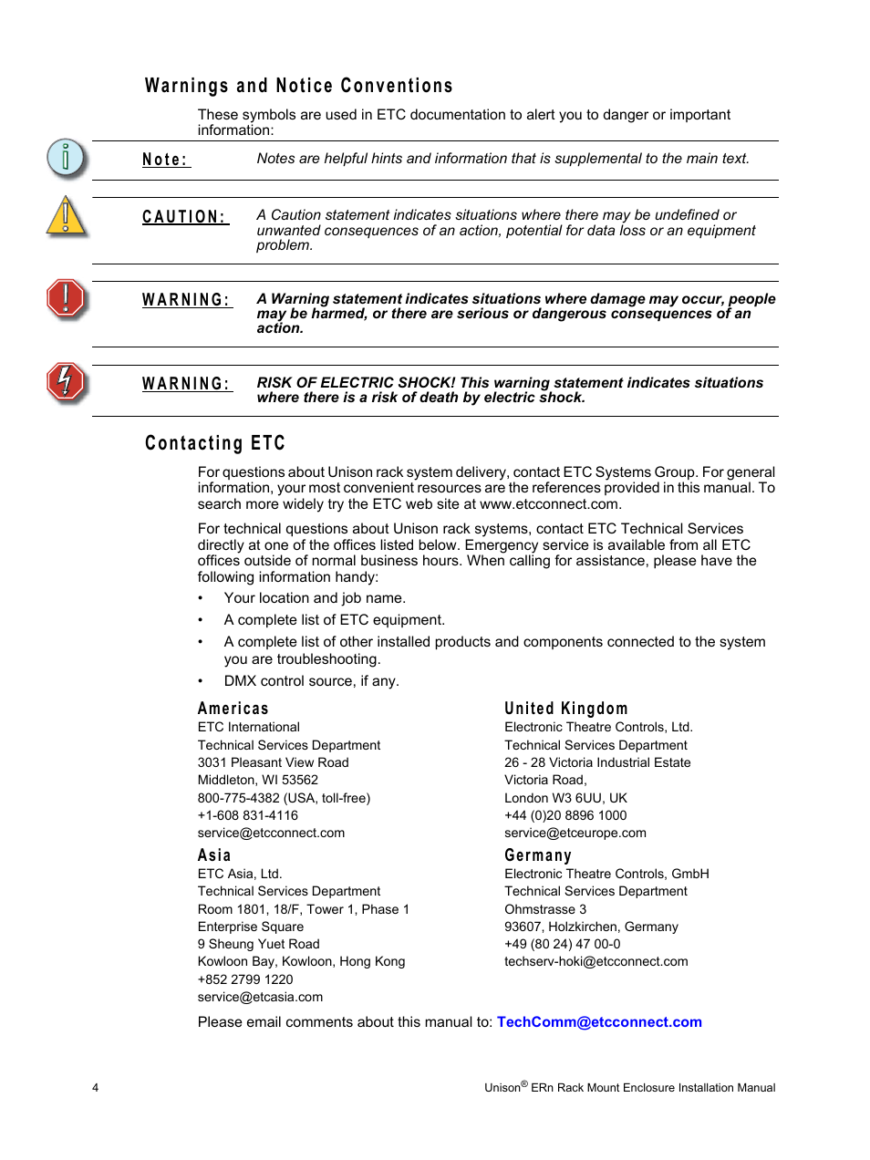 Warnings and notice conventions, Contacting etc, Warnings and notice conventions contacting etc | ETC Unison ERn Rack-mount Control Enclosure User Manual | Page 8 / 36