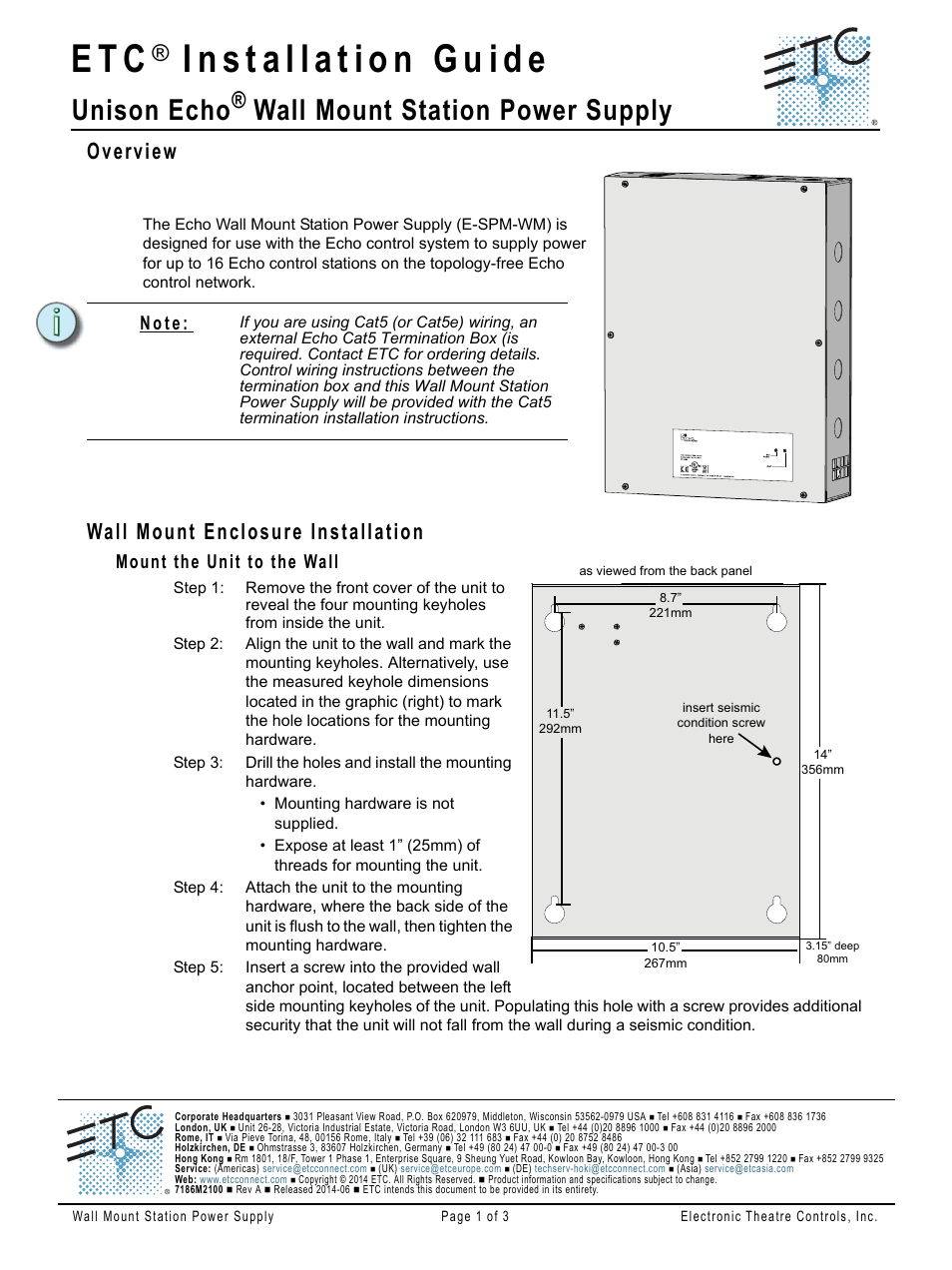 ETC Echo Wall Mount Station Power Supply User Manual | 3 pages