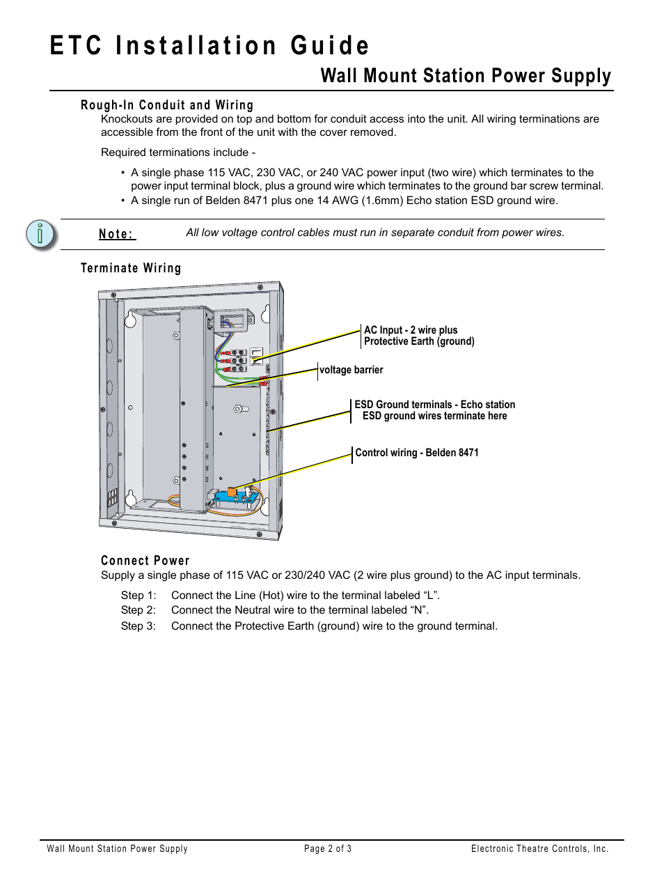 Rough-in conduit and wiring, Terminate wiring, Connect power | Wall mount station power supply | ETC Echo Wall Mount Station Power Supply User Manual | Page 2 / 3