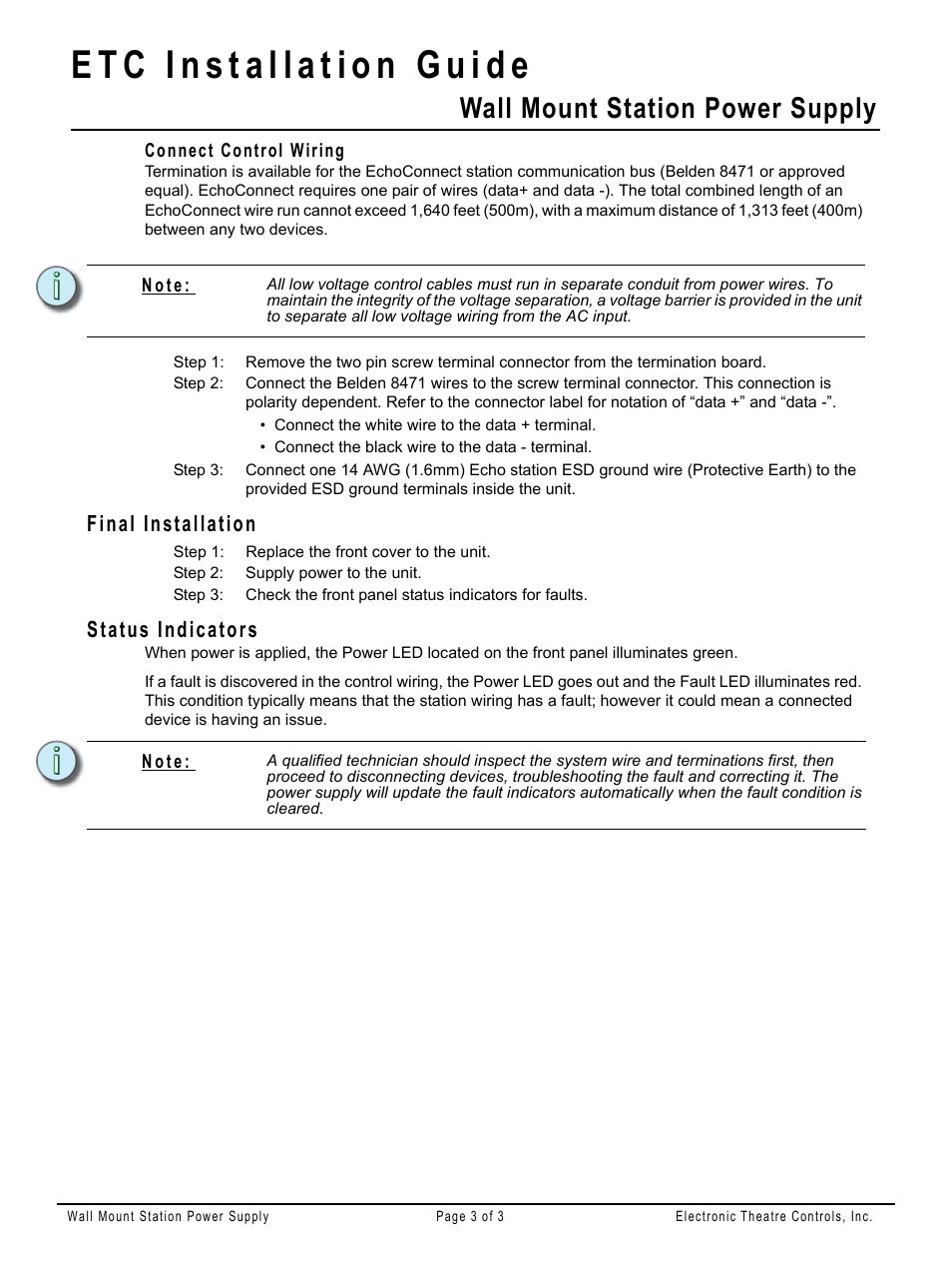 Connect control wiring, Final installation, Status indicators | Wall mount station power supply | ETC Echo Wall Mount Station Power Supply User Manual | Page 3 / 3