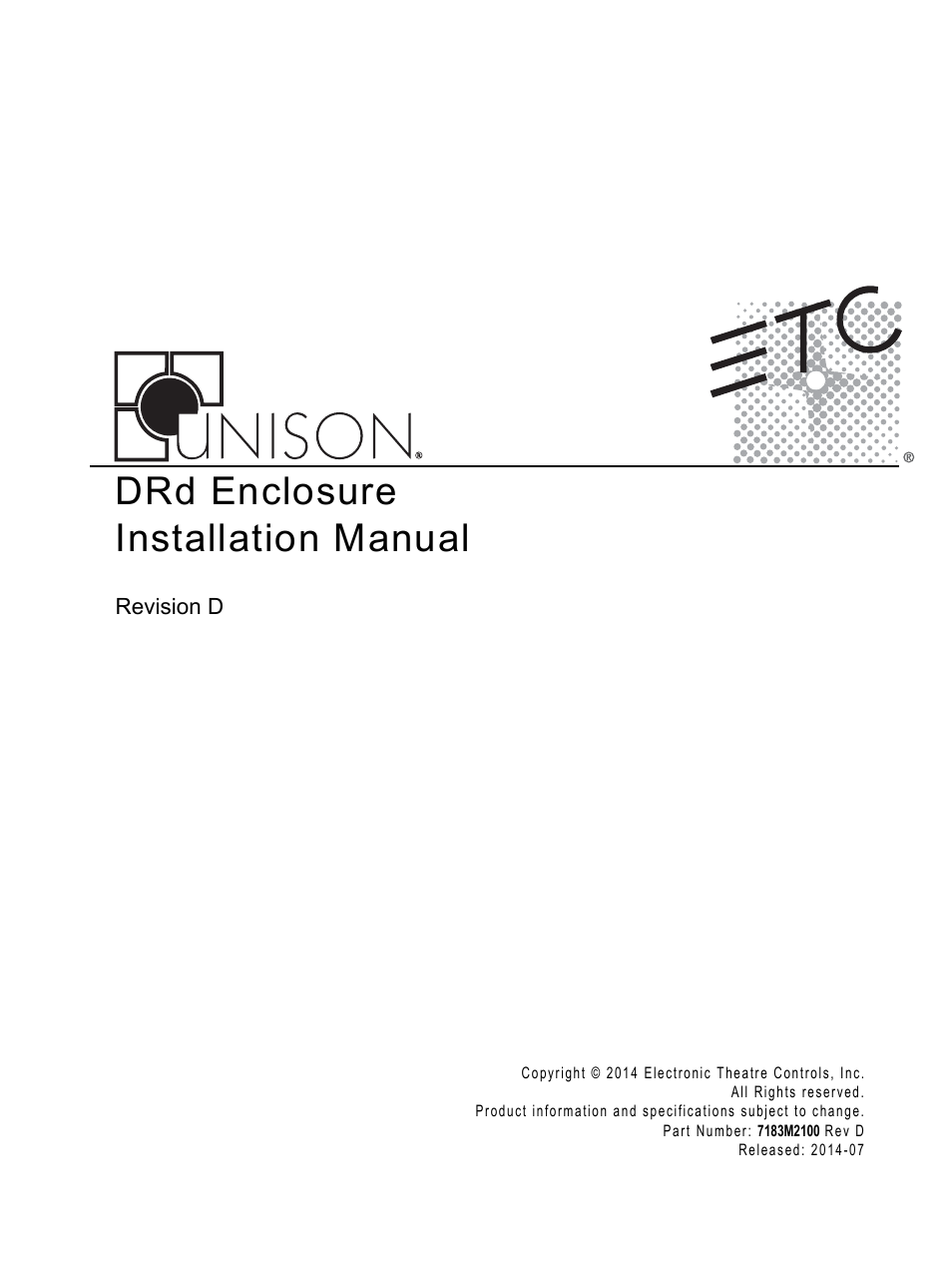 ETC Unison DRd Dimming Rack Enclosure User Manual | 68 pages