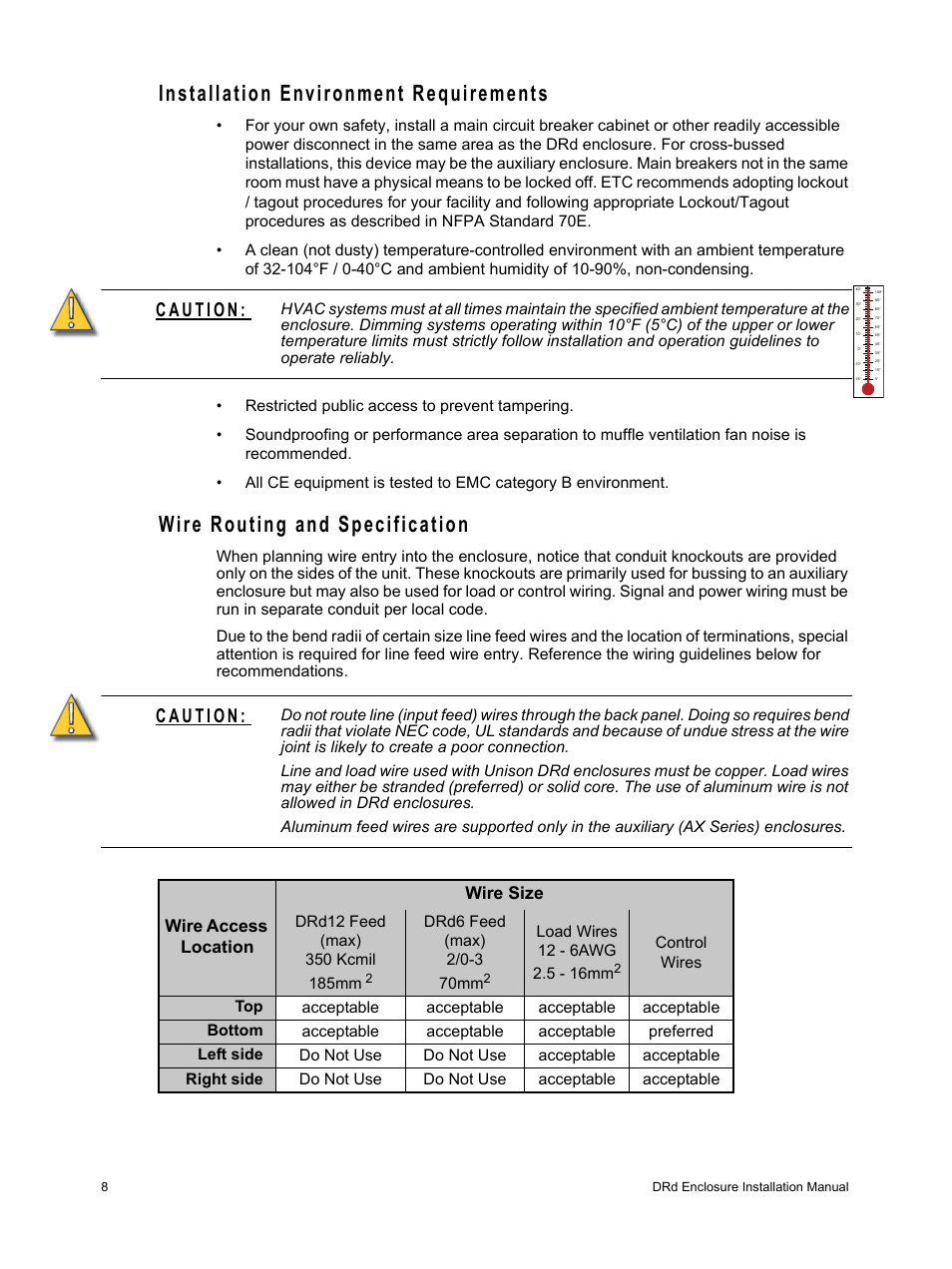 Installation environment requirements, Wire routing and specification, Wire access location wire size | ETC Unison DRd Dimming Rack Enclosure User Manual | Page 12 / 68