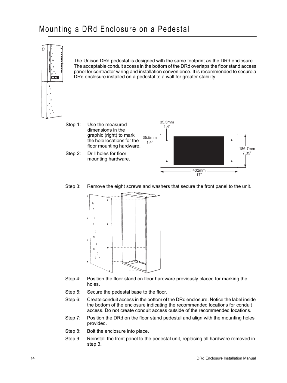 Mounting a drd enclosure on a pedestal | ETC Unison DRd Dimming Rack Enclosure User Manual | Page 18 / 68