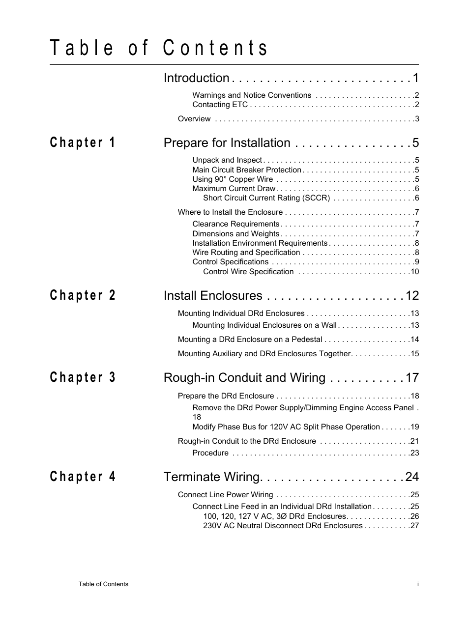 Introduction, Prepare for installation, Install enclosures | Rough-in conduit and wiring, Terminate wiring | ETC Unison DRd Dimming Rack Enclosure User Manual | Page 3 / 68