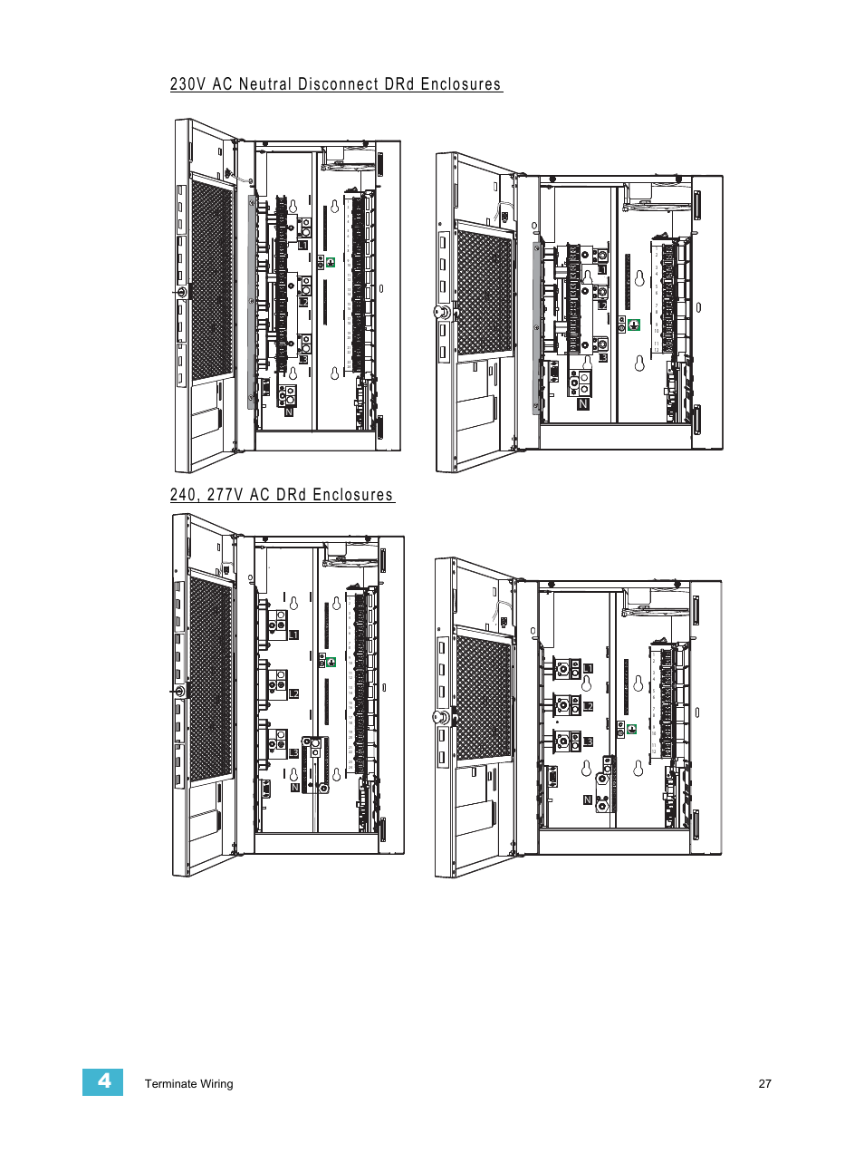 230v ac neutral disconnect drd enclosures, 240, 277v ac drd enclosures, Terminate wiring 27 | L1 l2 l3 n, L1 l2 l3 | ETC Unison DRd Dimming Rack Enclosure User Manual | Page 31 / 68