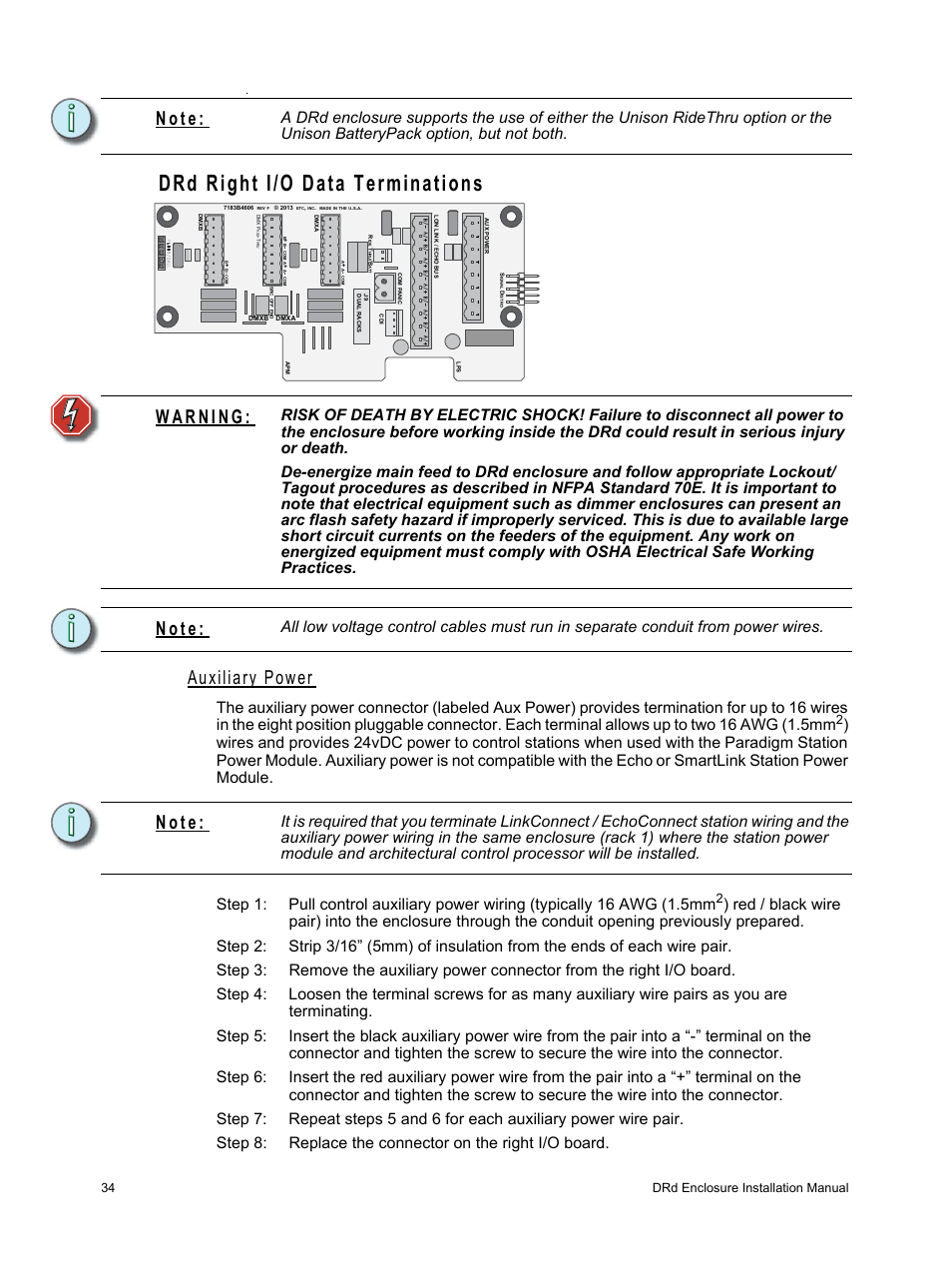 Drd right i/o data terminations, Auxiliary power, N o t e | ETC Unison DRd Dimming Rack Enclosure User Manual | Page 38 / 68