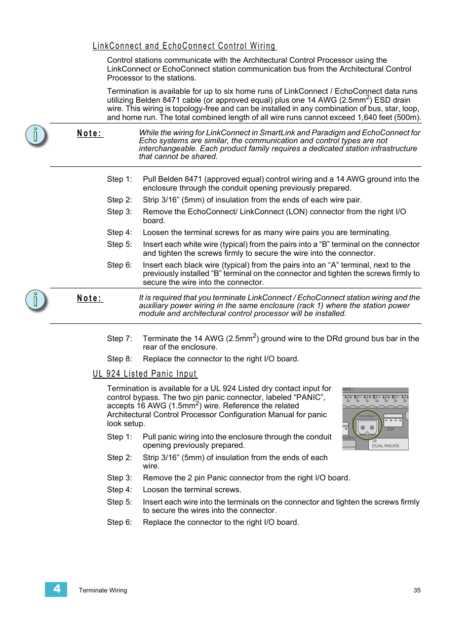 Linkconnect and echoconnect control wiring, Ul 924 listed panic input, N o t e | ETC Unison DRd Dimming Rack Enclosure User Manual | Page 39 / 68