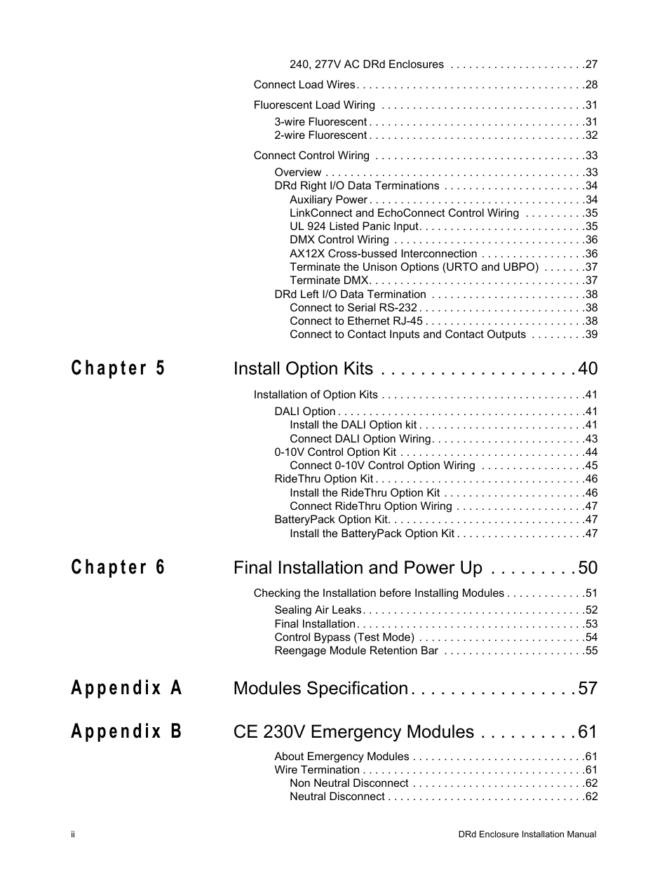 Install option kits, Final installation and power up, Modules specification | Ce 230v emergency modules | ETC Unison DRd Dimming Rack Enclosure User Manual | Page 4 / 68