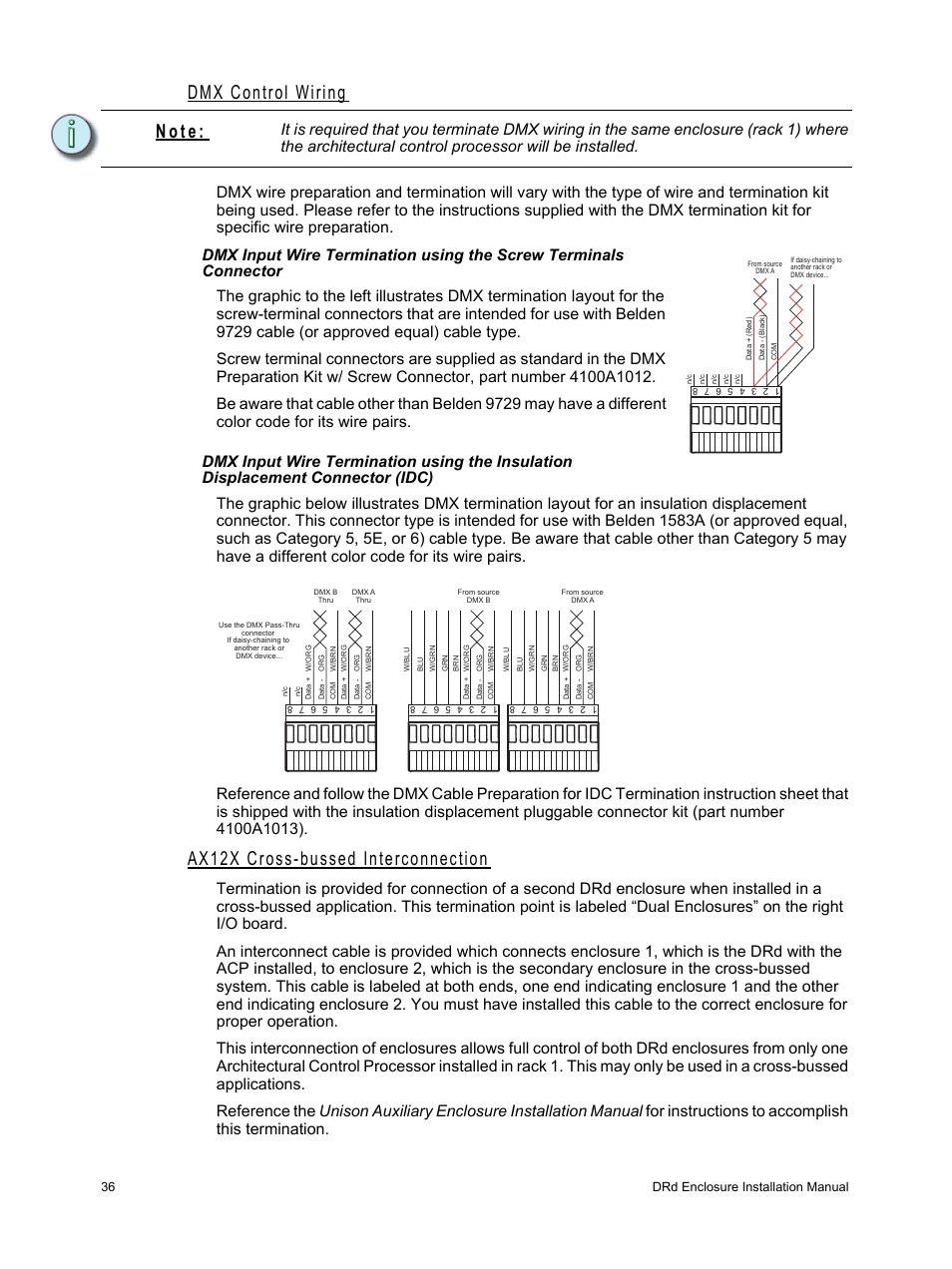 Dmx control wiring, Ax12x cross-bussed interconnection, N o t e | ETC Unison DRd Dimming Rack Enclosure User Manual | Page 40 / 68