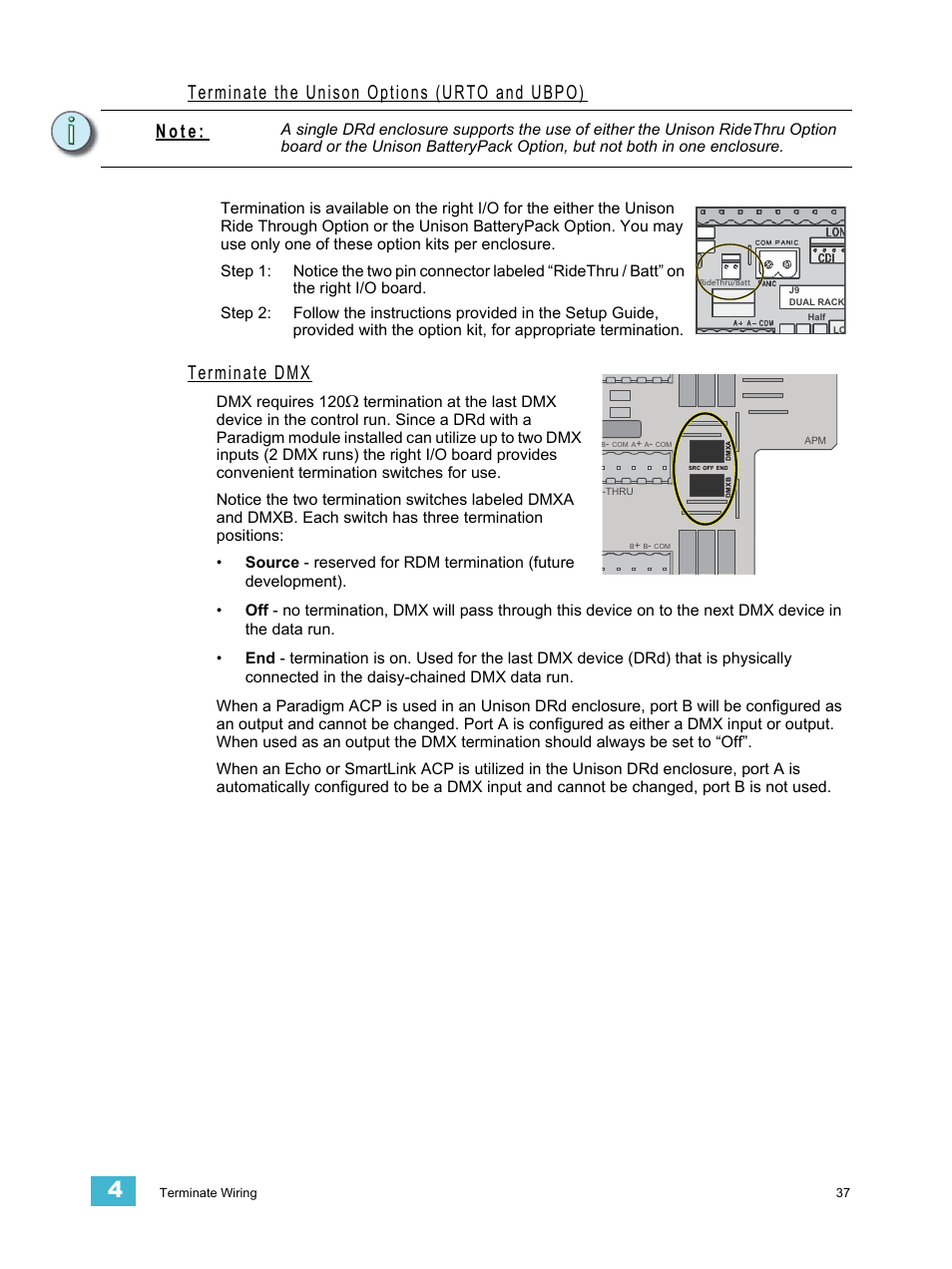 Terminate the unison options (urto and ubpo), Terminate dmx, N o t e | ETC Unison DRd Dimming Rack Enclosure User Manual | Page 41 / 68