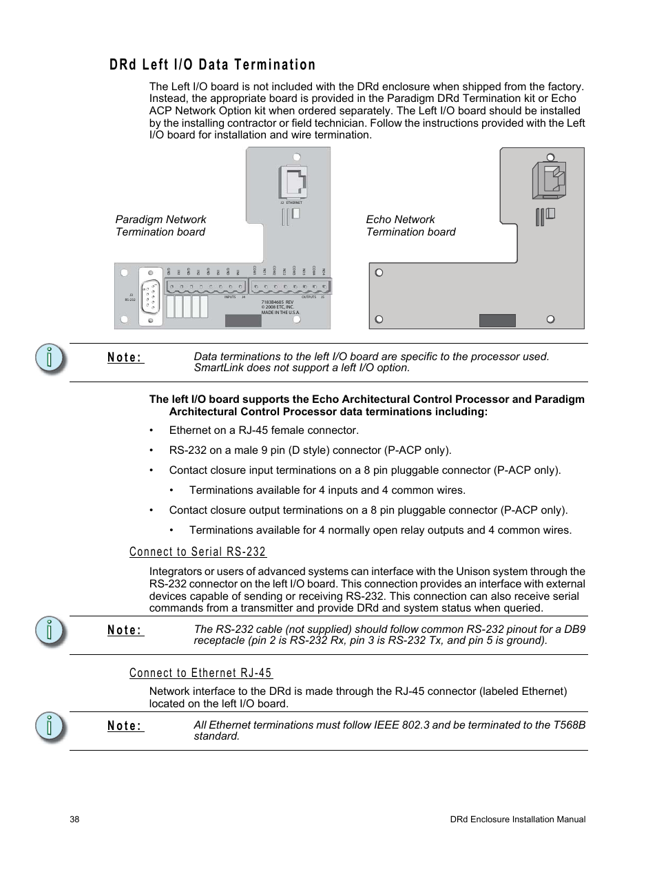 Drd left i/o data termination, Connect to serial rs-232, Connect to ethernet rj-45 | Connect to serial rs-232 connect to ethernet rj-45, N o t e | ETC Unison DRd Dimming Rack Enclosure User Manual | Page 42 / 68