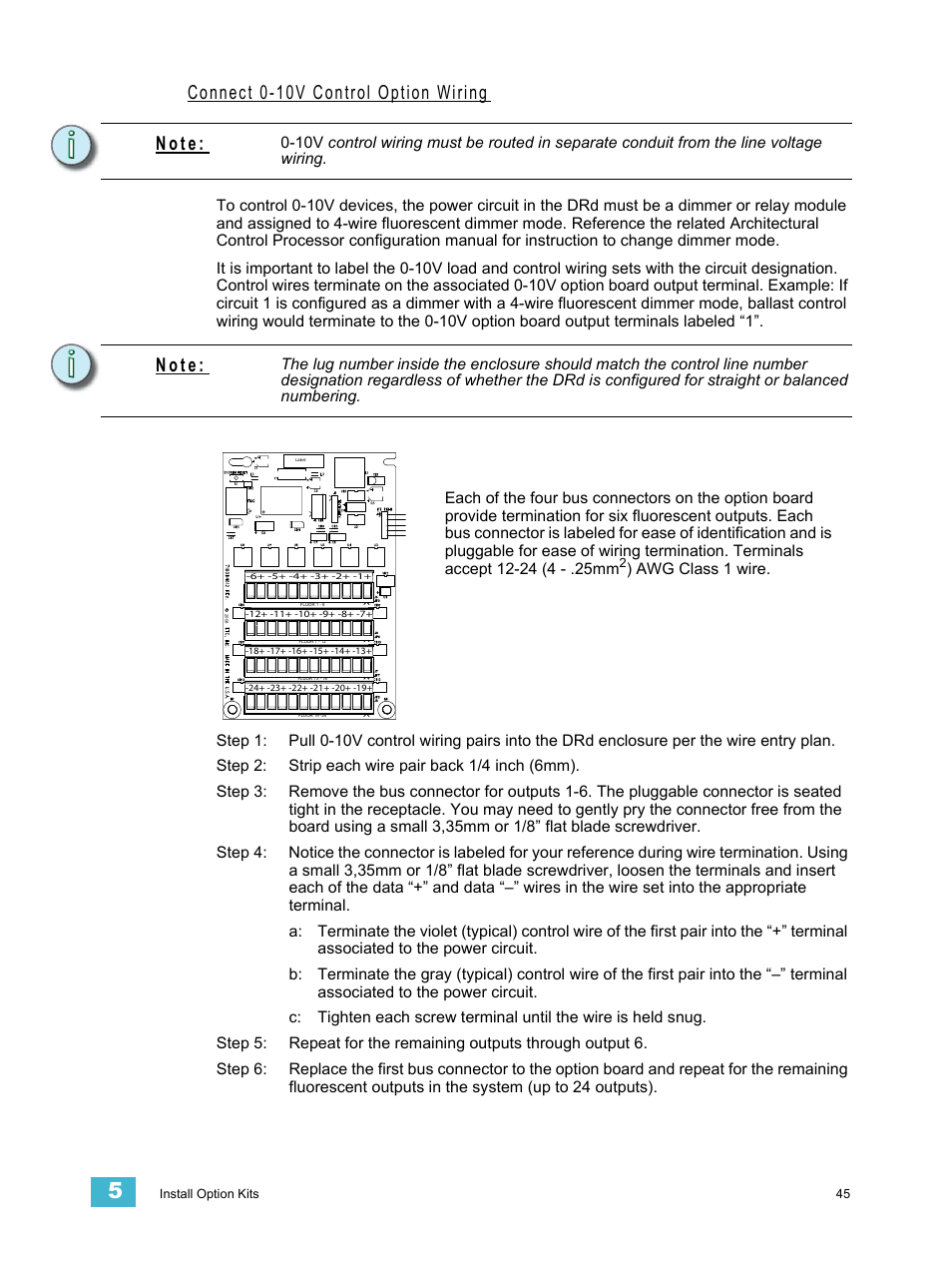 Connect 0-10v control option wiring, N o t e | ETC Unison DRd Dimming Rack Enclosure User Manual | Page 49 / 68