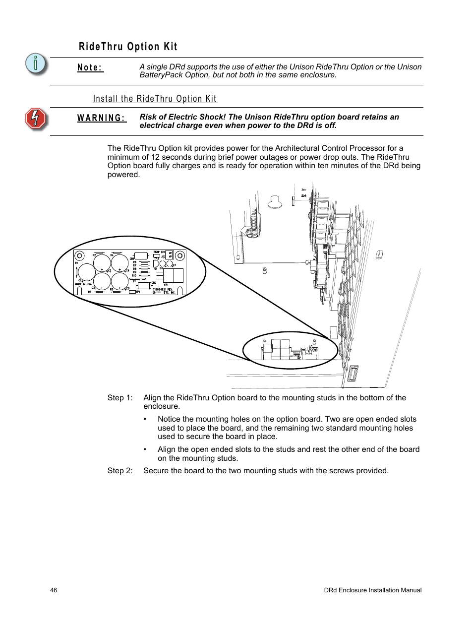 Ridethru option kit, Install the ridethru option kit, N o t e | ETC Unison DRd Dimming Rack Enclosure User Manual | Page 50 / 68