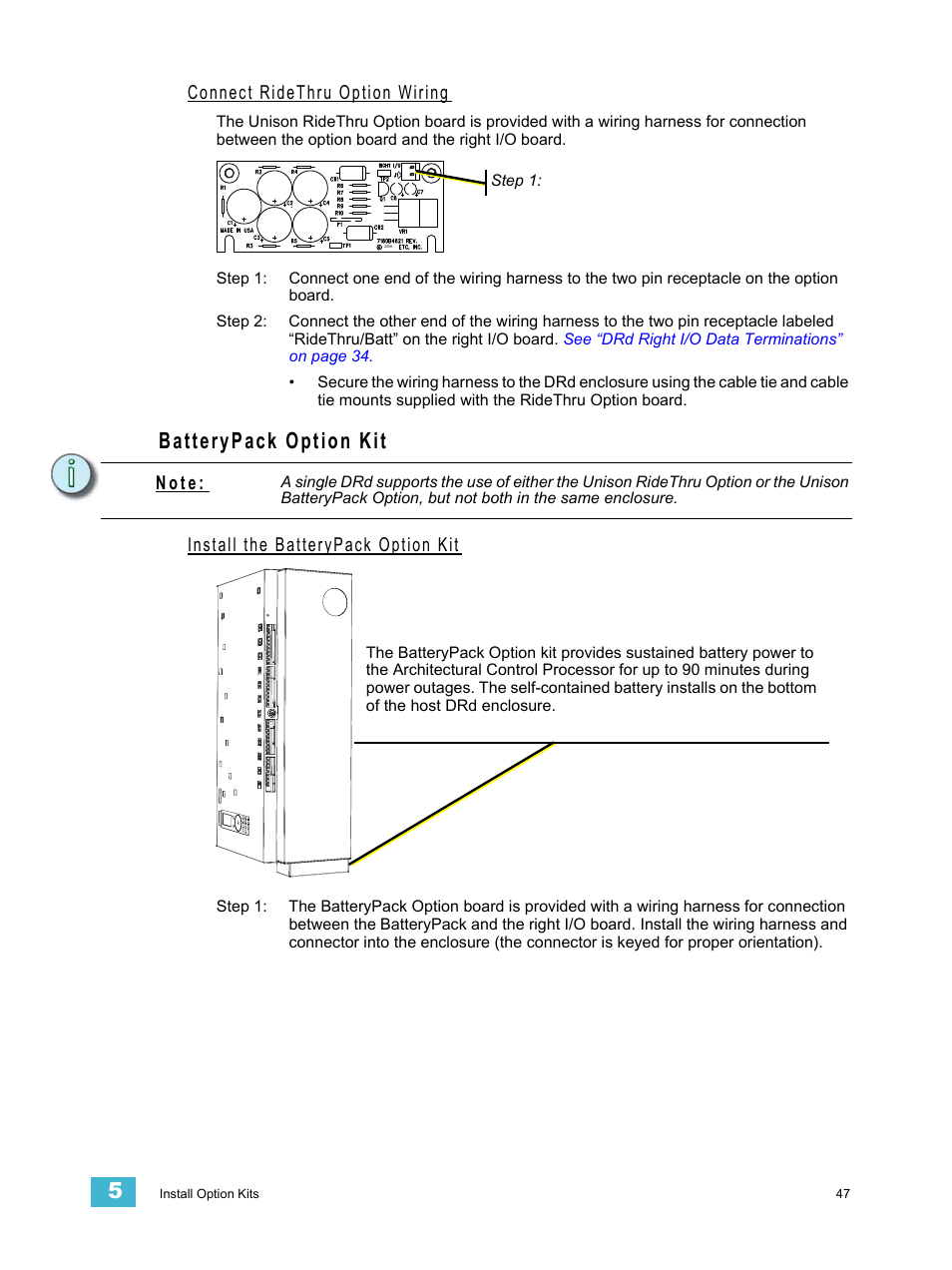 Connect ridethru option wiring, Batterypack option kit, Install the batterypack option kit | N o t e | ETC Unison DRd Dimming Rack Enclosure User Manual | Page 51 / 68