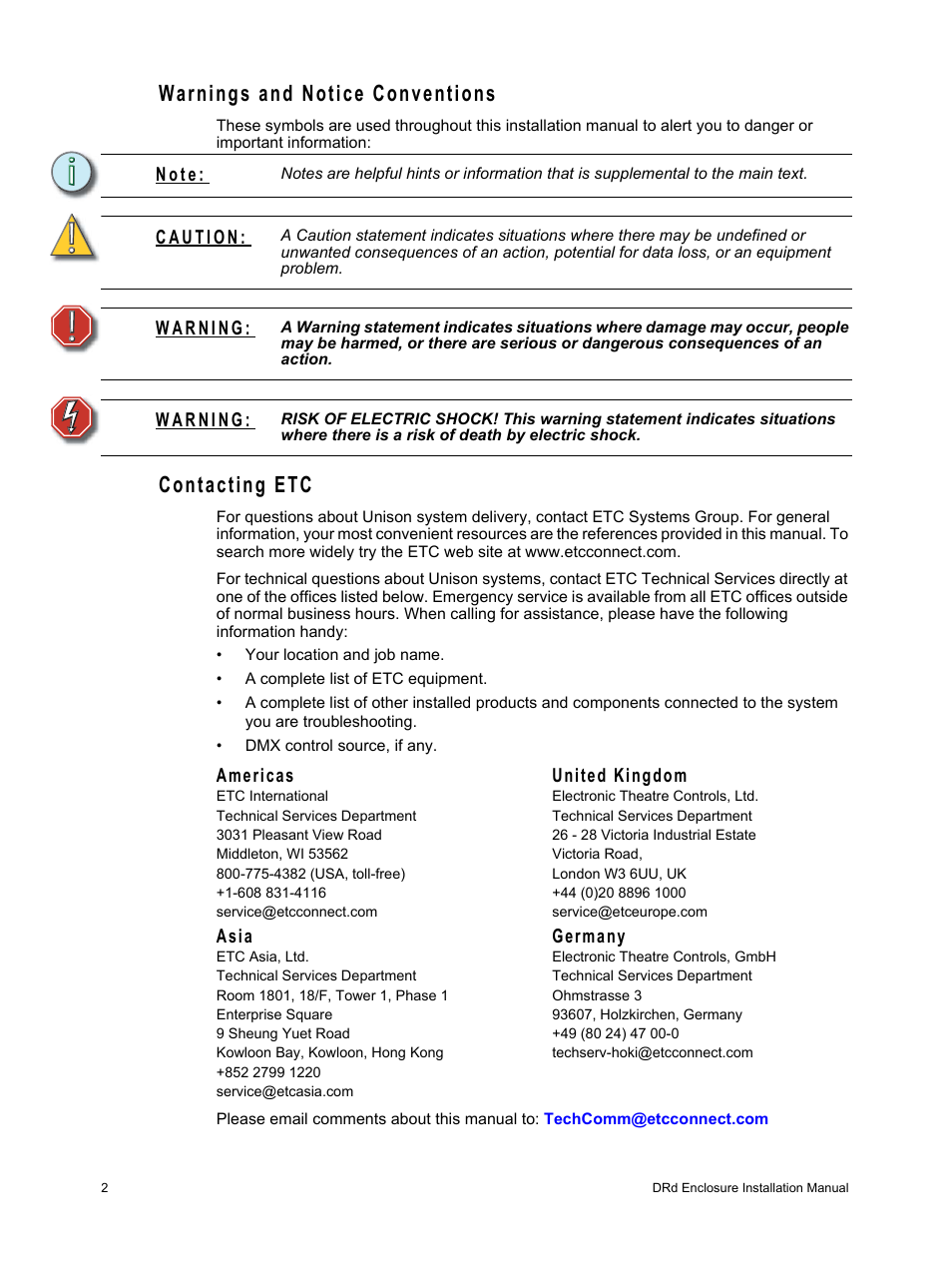 Warnings and notice conventions, Contacting etc, Warnings and notice conventions contacting etc | ETC Unison DRd Dimming Rack Enclosure User Manual | Page 6 / 68