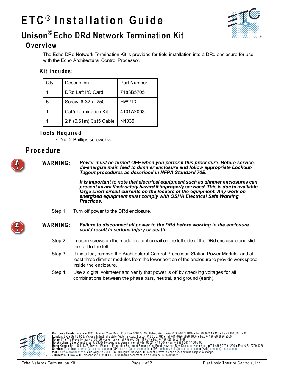 ETC Echo DRd Network Termination Kit User Manual | 2 pages