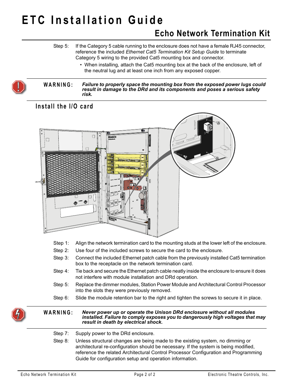 Install the i/o card, Echo network termination kit | ETC Echo DRd Network Termination Kit User Manual | Page 2 / 2