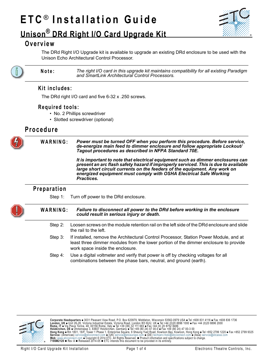 ETC Unison DRd Right IO Card Upgrade Kit User Manual | 4 pages