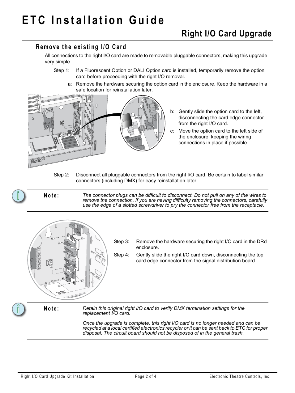 Remove the existing i/o card, Right i/o card upgrade | ETC Unison DRd Right IO Card Upgrade Kit User Manual | Page 2 / 4