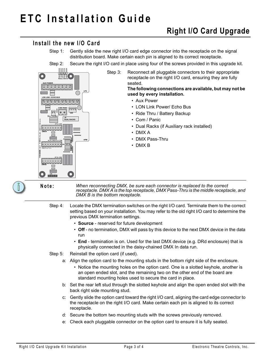 Install the new i/o card, Right i/o card upgrade, N o t e | ETC Unison DRd Right IO Card Upgrade Kit User Manual | Page 3 / 4