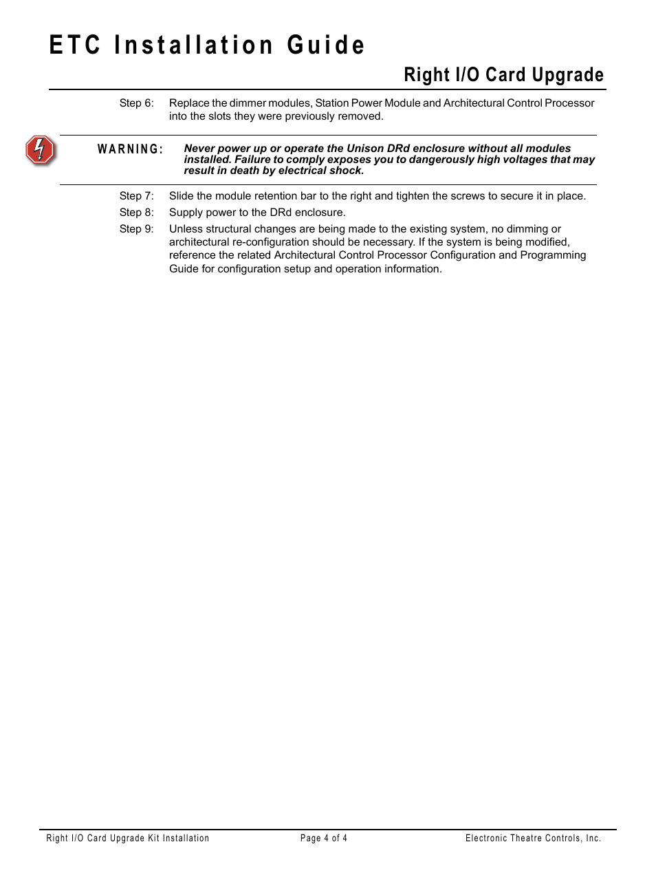 Right i/o card upgrade | ETC Unison DRd Right IO Card Upgrade Kit User Manual | Page 4 / 4