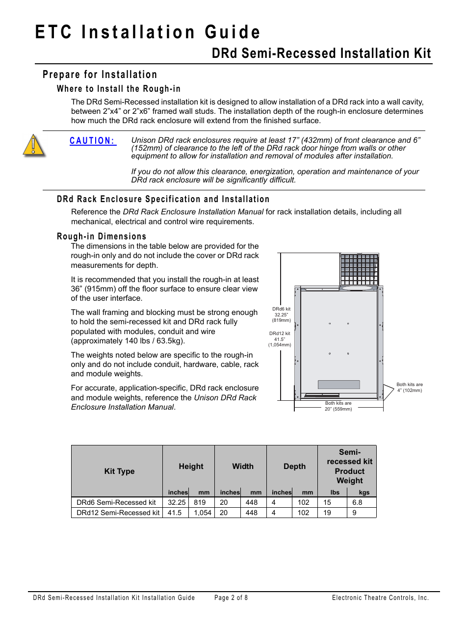 Prepare for installation, Where to install the rough-in, Drd rack enclosure specification and installation | Rough-in dimensions, Drd semi-recessed installation kit | ETC Unison DRd Semi-Recessed Installation Kit User Manual | Page 2 / 8