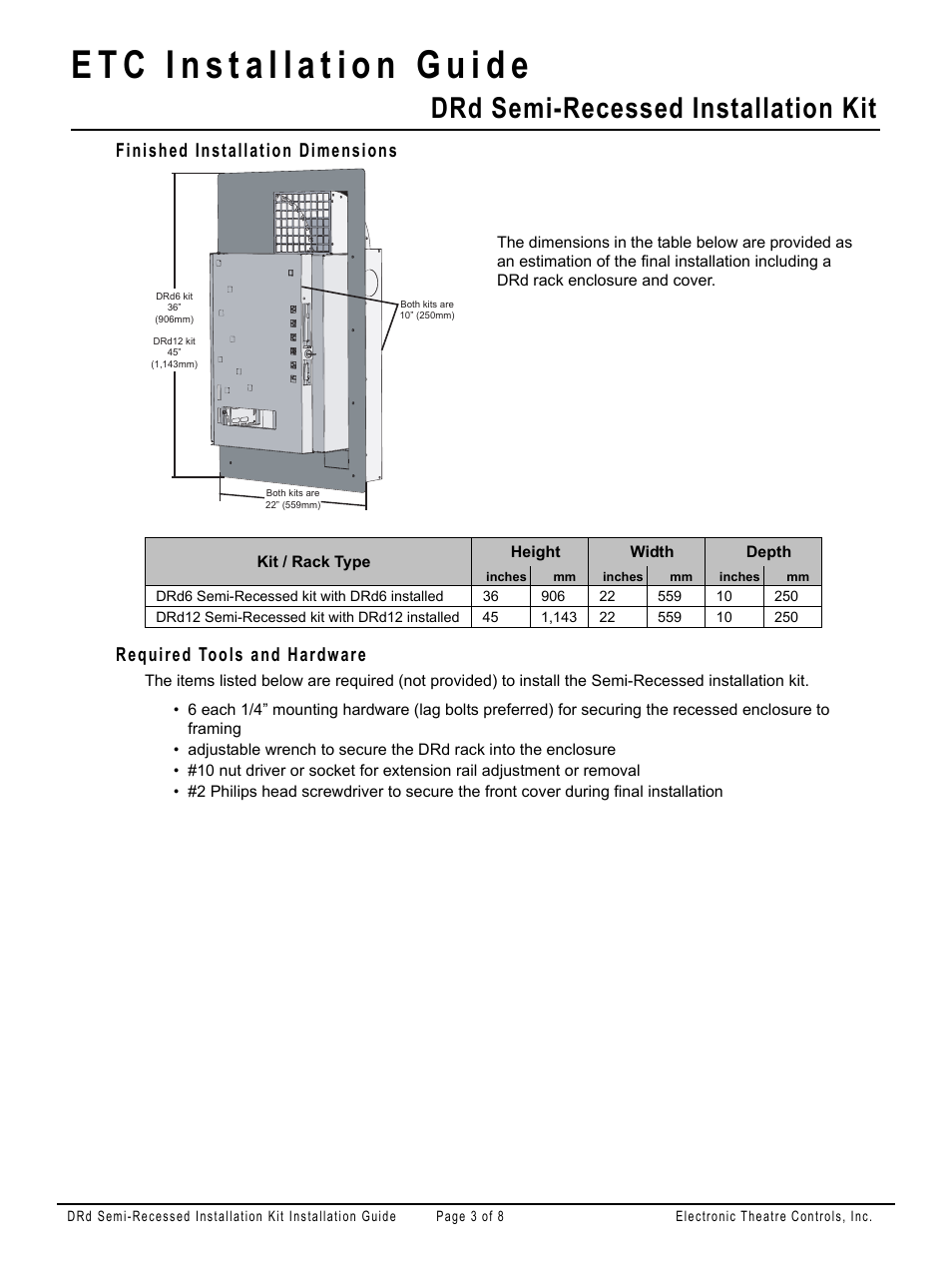 Finished installation dimensions, Required tools and hardware, Drd semi-recessed installation kit | ETC Unison DRd Semi-Recessed Installation Kit User Manual | Page 3 / 8