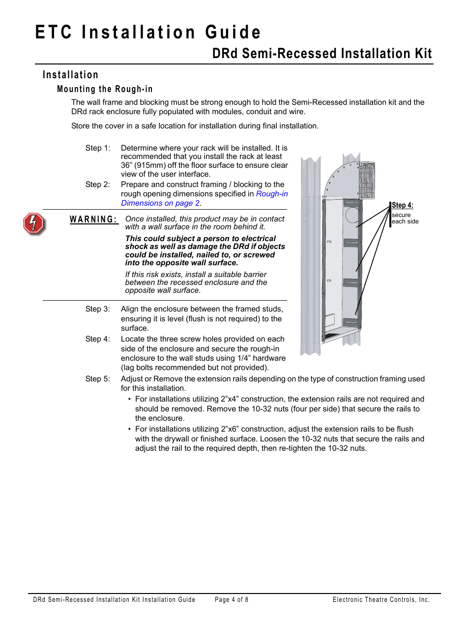 Installation, Mounting the rough-in, Drd semi-recessed installation kit | ETC Unison DRd Semi-Recessed Installation Kit User Manual | Page 4 / 8