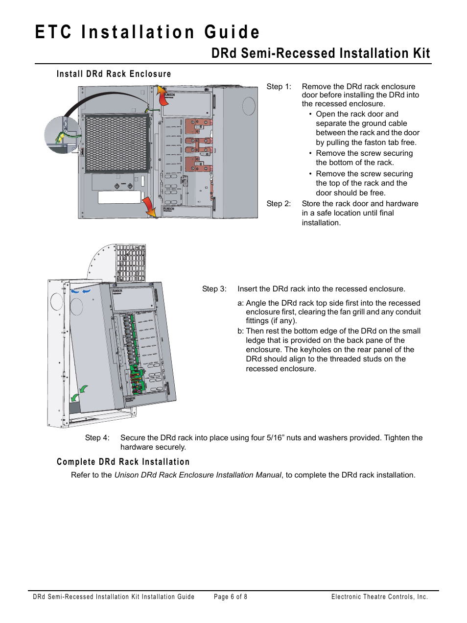 Install drd rack enclosure, Complete drd rack installation, Drd semi-recessed installation kit | ETC Unison DRd Semi-Recessed Installation Kit User Manual | Page 6 / 8