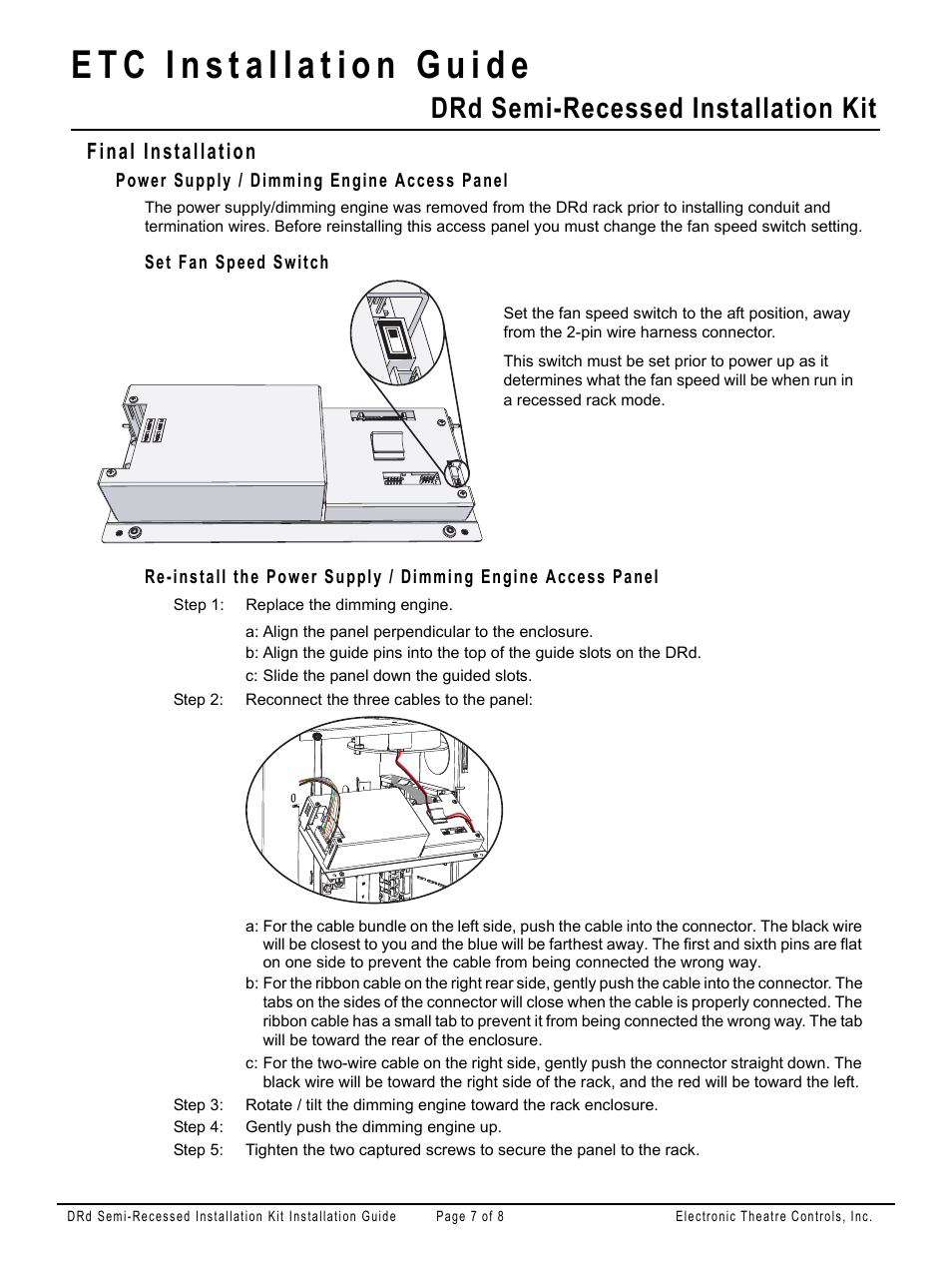 Final installation, Power supply / dimming engine access panel, Set fan speed switch | Drd semi-recessed installation kit | ETC Unison DRd Semi-Recessed Installation Kit User Manual | Page 7 / 8