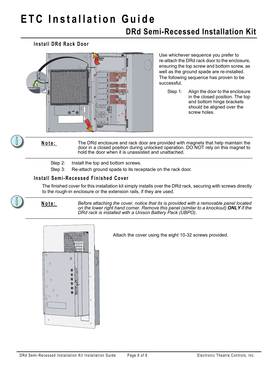 Install drd rack door, Install semi-recessed finished cover, Drd semi-recessed installation kit | ETC Unison DRd Semi-Recessed Installation Kit User Manual | Page 8 / 8