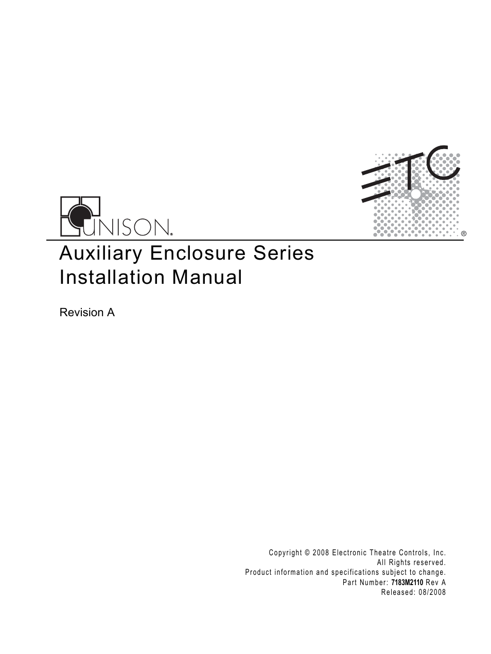 ETC Unison Auxiliary Enclosure Series User Manual | 24 pages